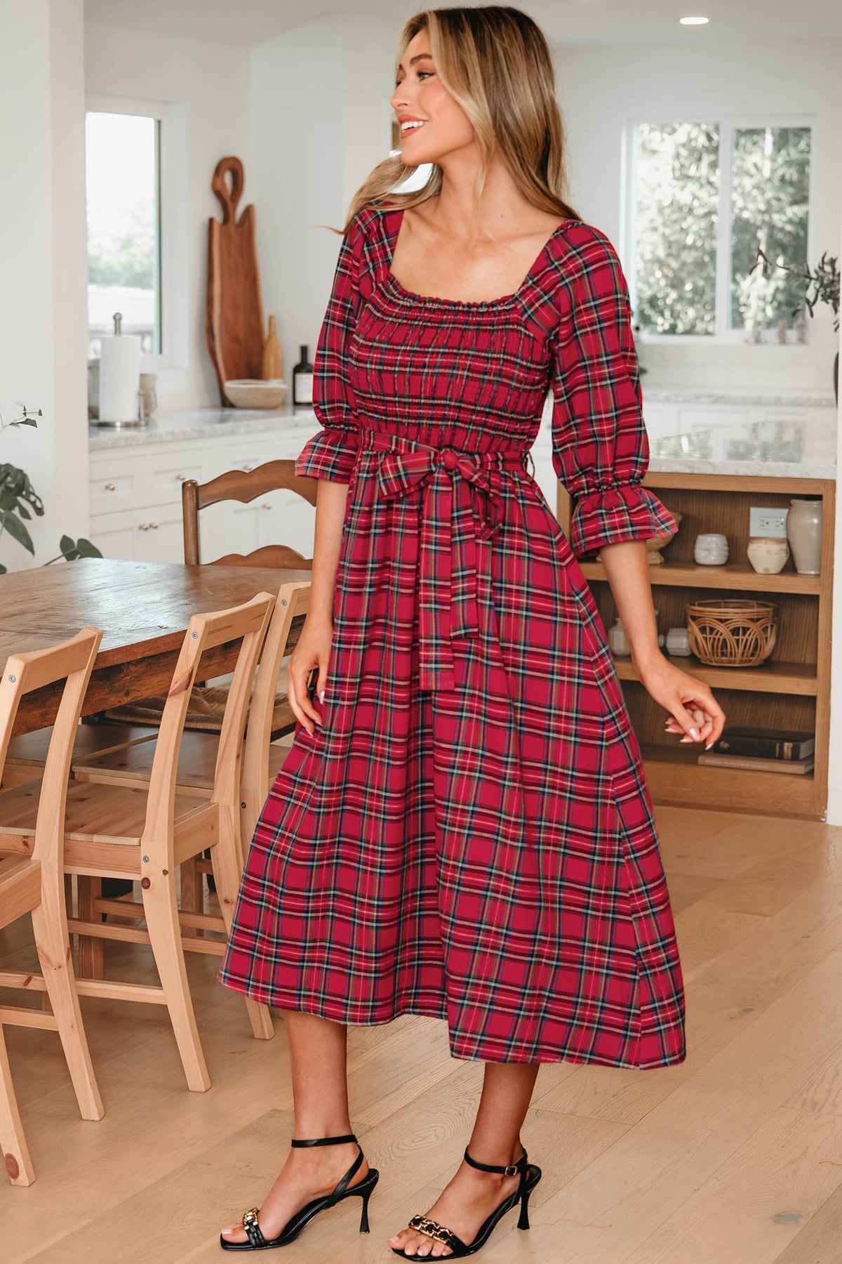 Red Tartan Plaid Square Neck Puff Sleeve Knot Waist Flared Midi Dress