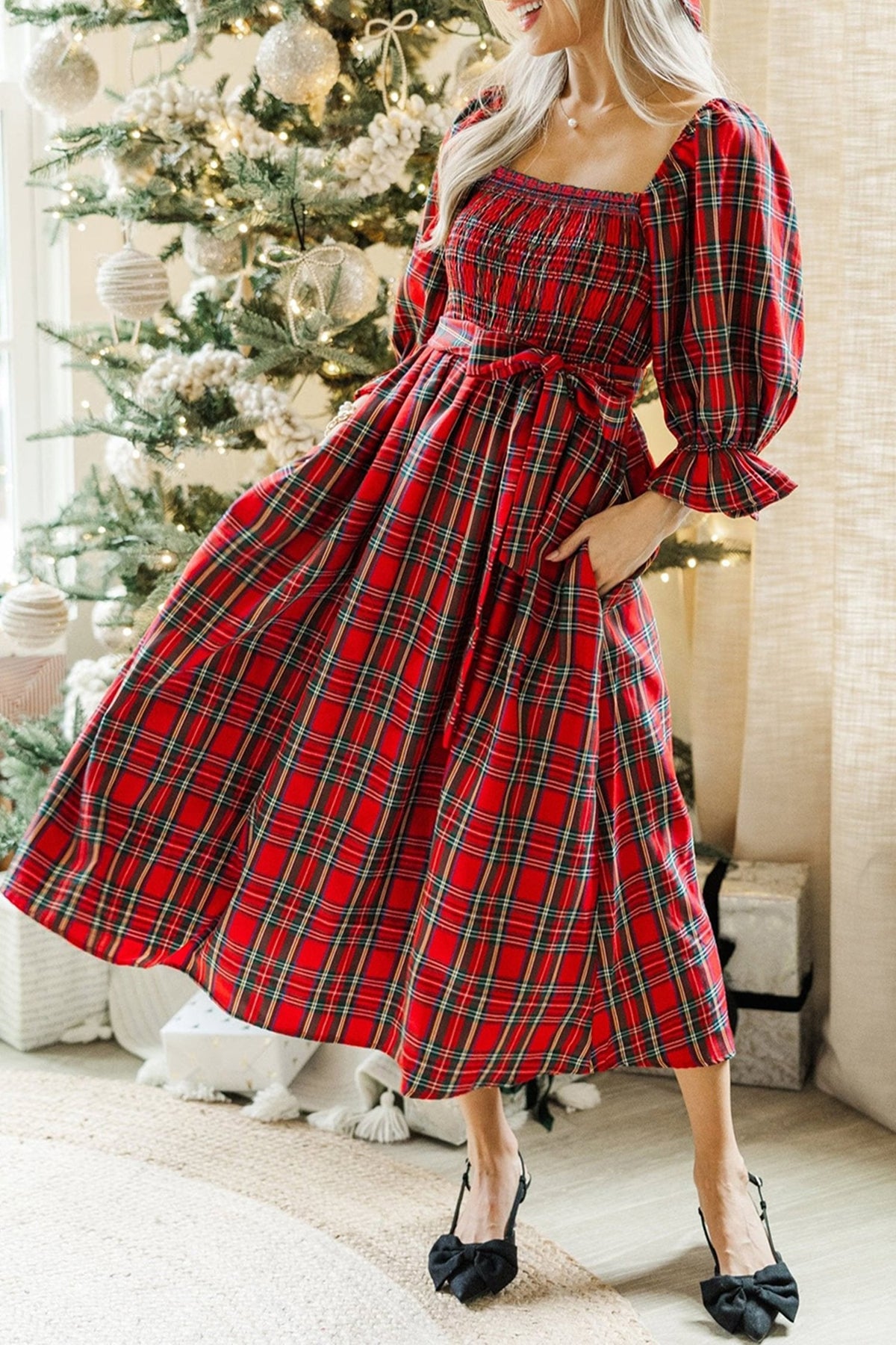Red Tartan Plaid Square Neck Puff Sleeve Knot Waist Flared Midi Dress