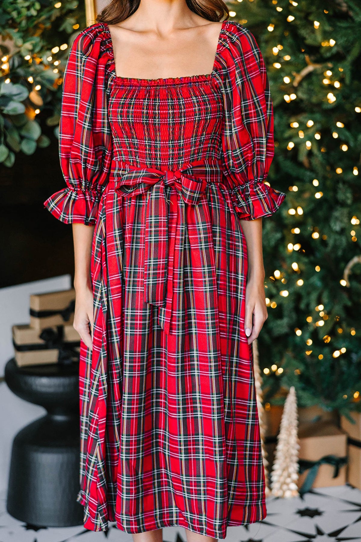 Red Tartan Plaid Square Neck Puff Sleeve Knot Waist Flared Midi Dress