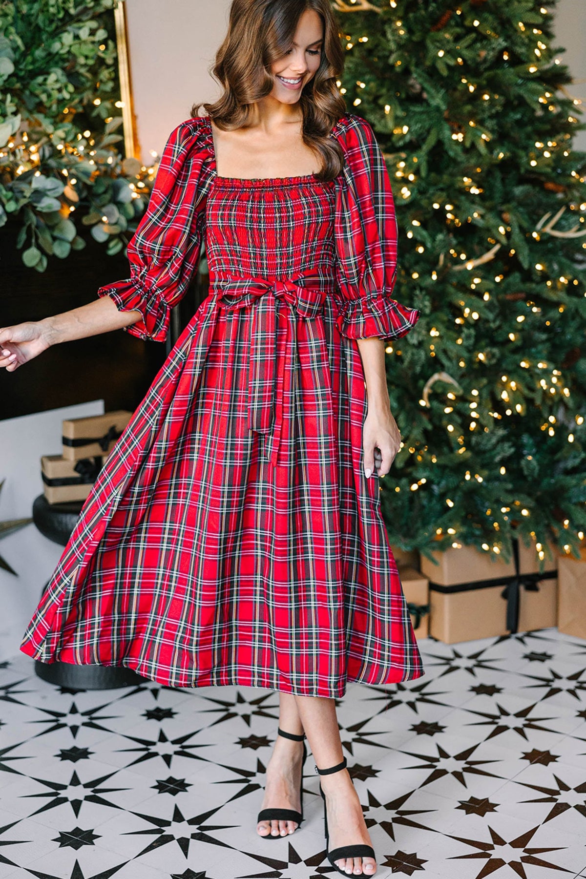 Red Tartan Plaid Square Neck Puff Sleeve Knot Waist Flared Midi Dress