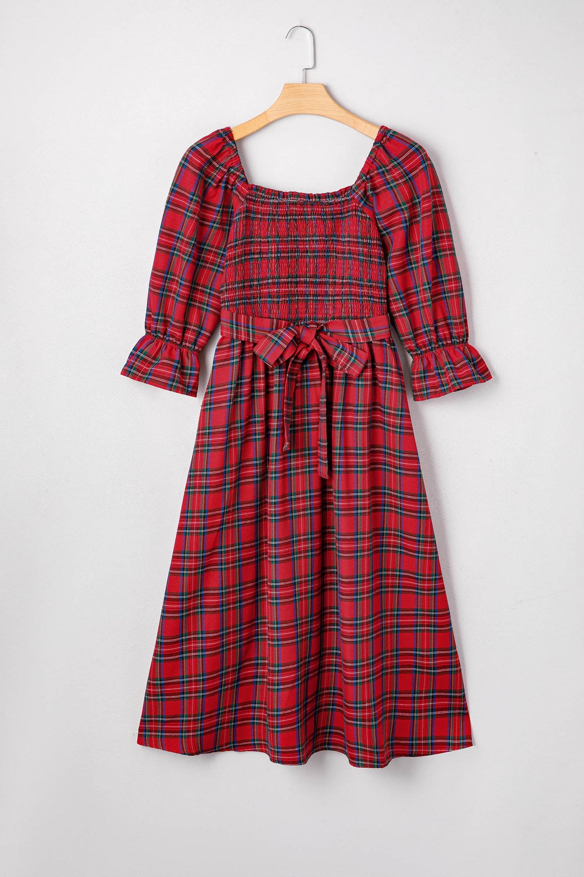 Red Tartan Plaid Square Neck Puff Sleeve Knot Waist Flared Midi Dress