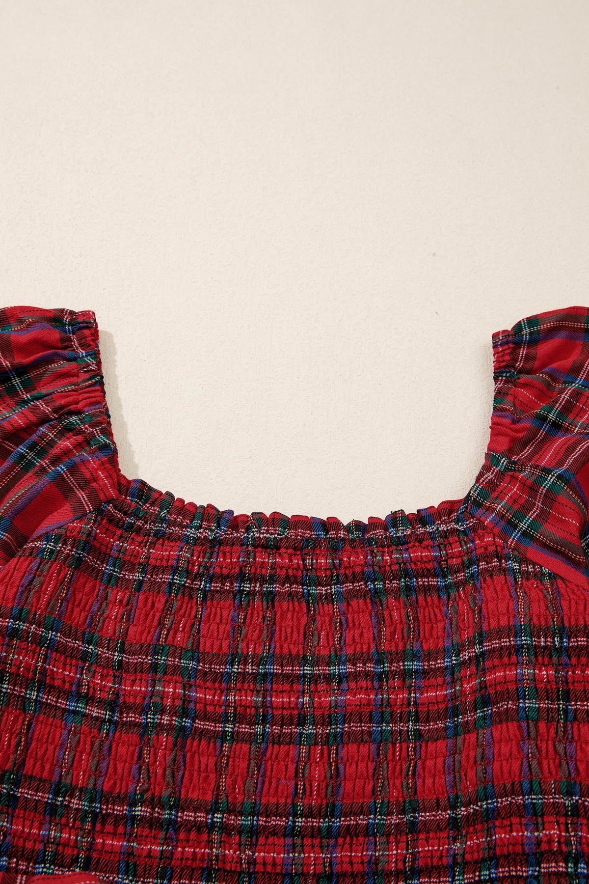 Red Tartan Plaid Square Neck Puff Sleeve Knot Waist Flared Midi Dress