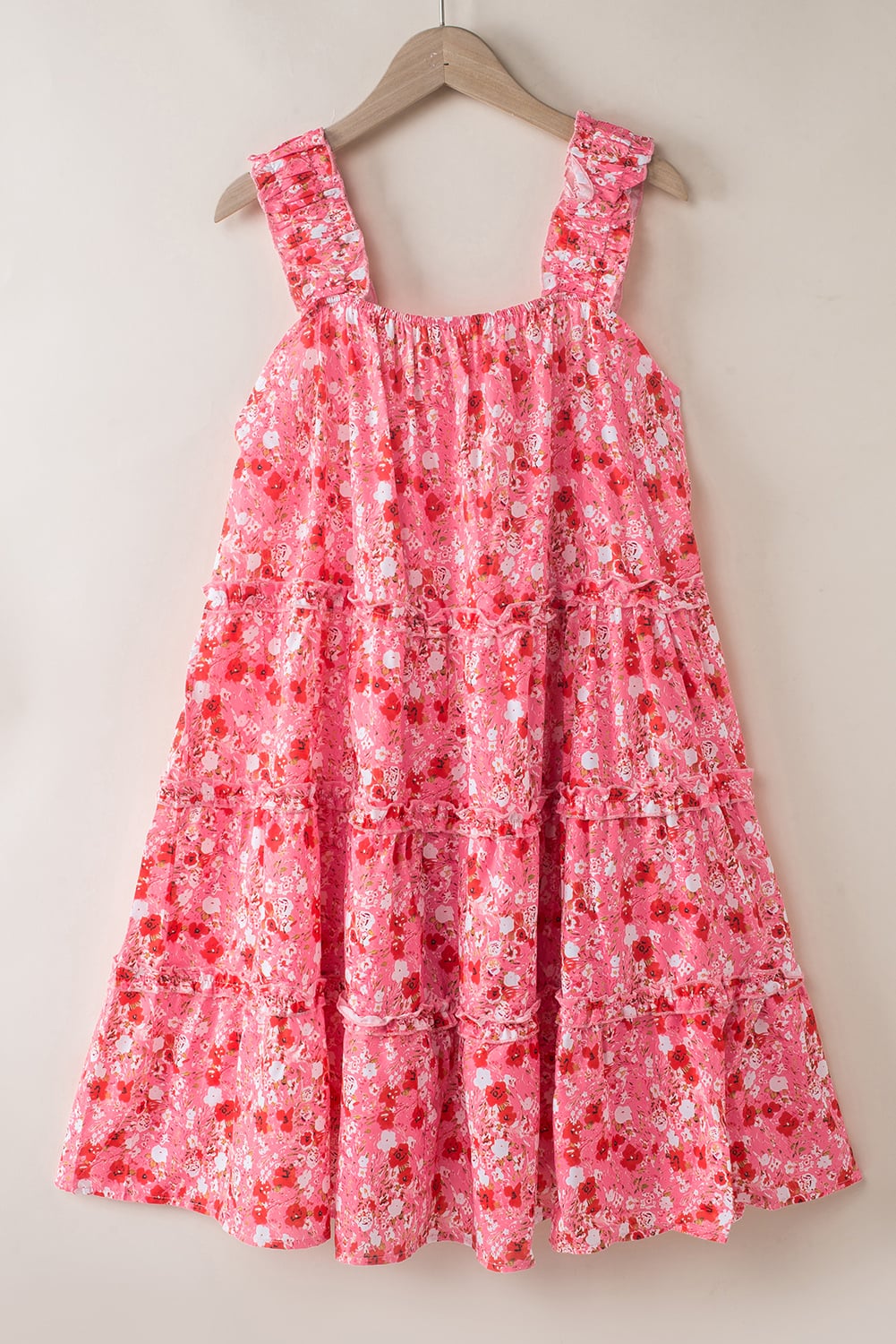 Fiery Red Tiered Ruffled Square Neck Sleeveless Floral Mini Dress