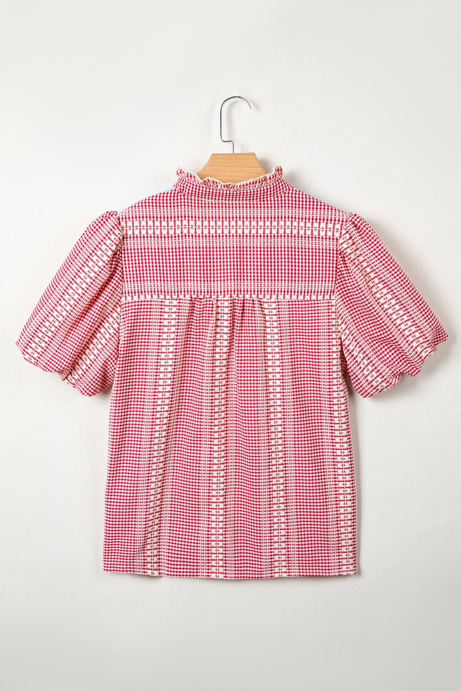 Red Western Pony Embroidered Yoke Puff Sleeve Gingham Blouse