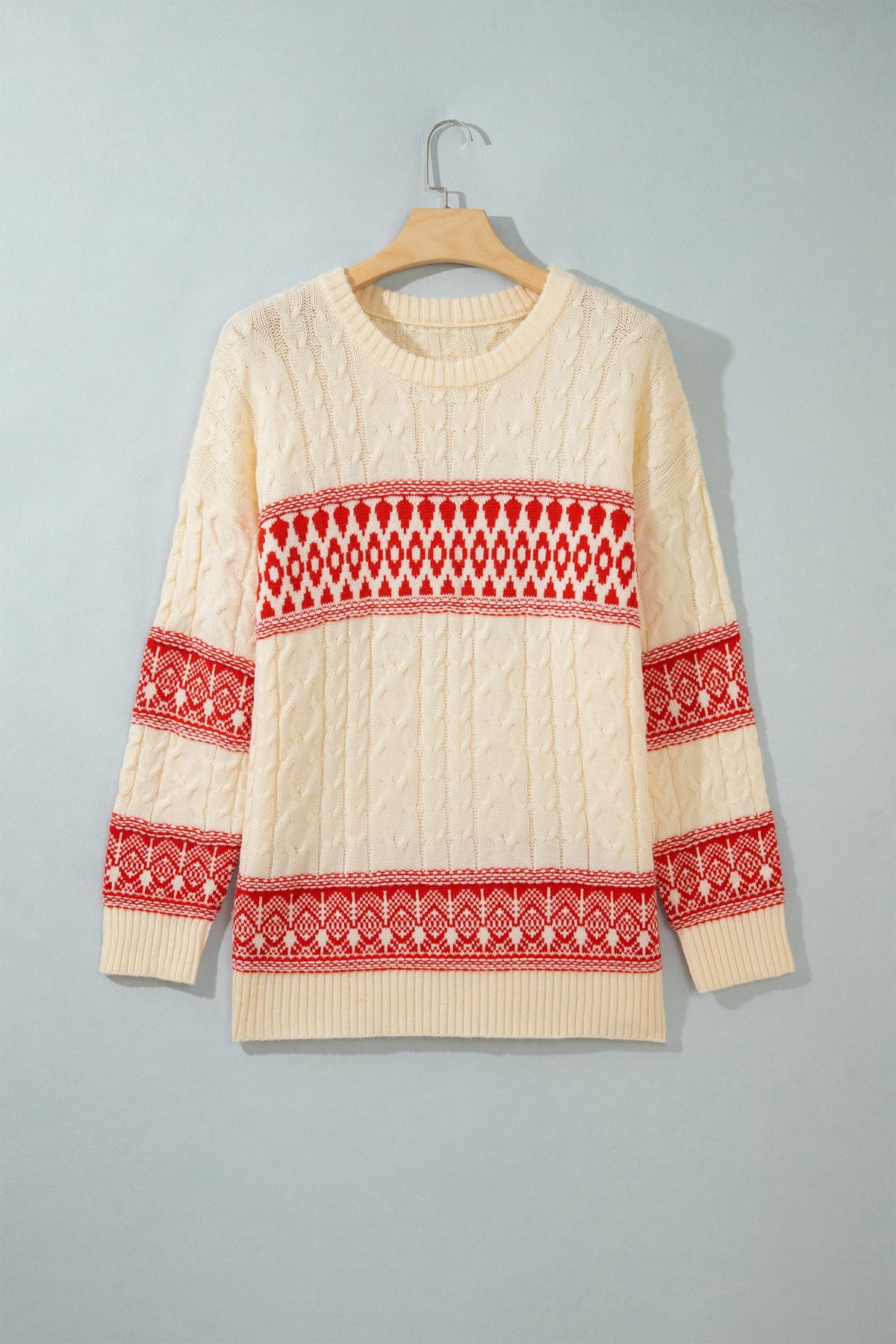 Red Western Print Round Neck Long Sleeve Shift Sweater