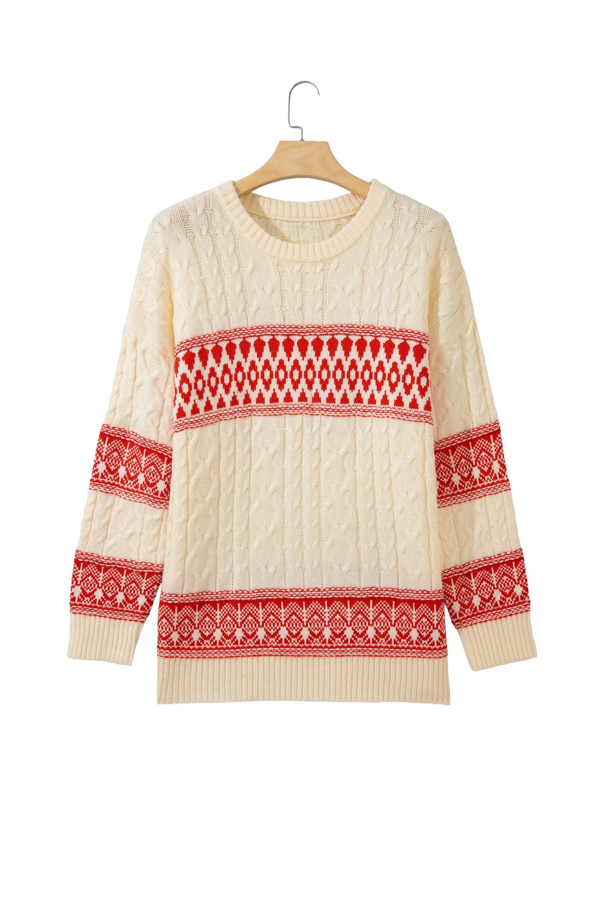 Red Western Print Round Neck Long Sleeve Shift Sweater