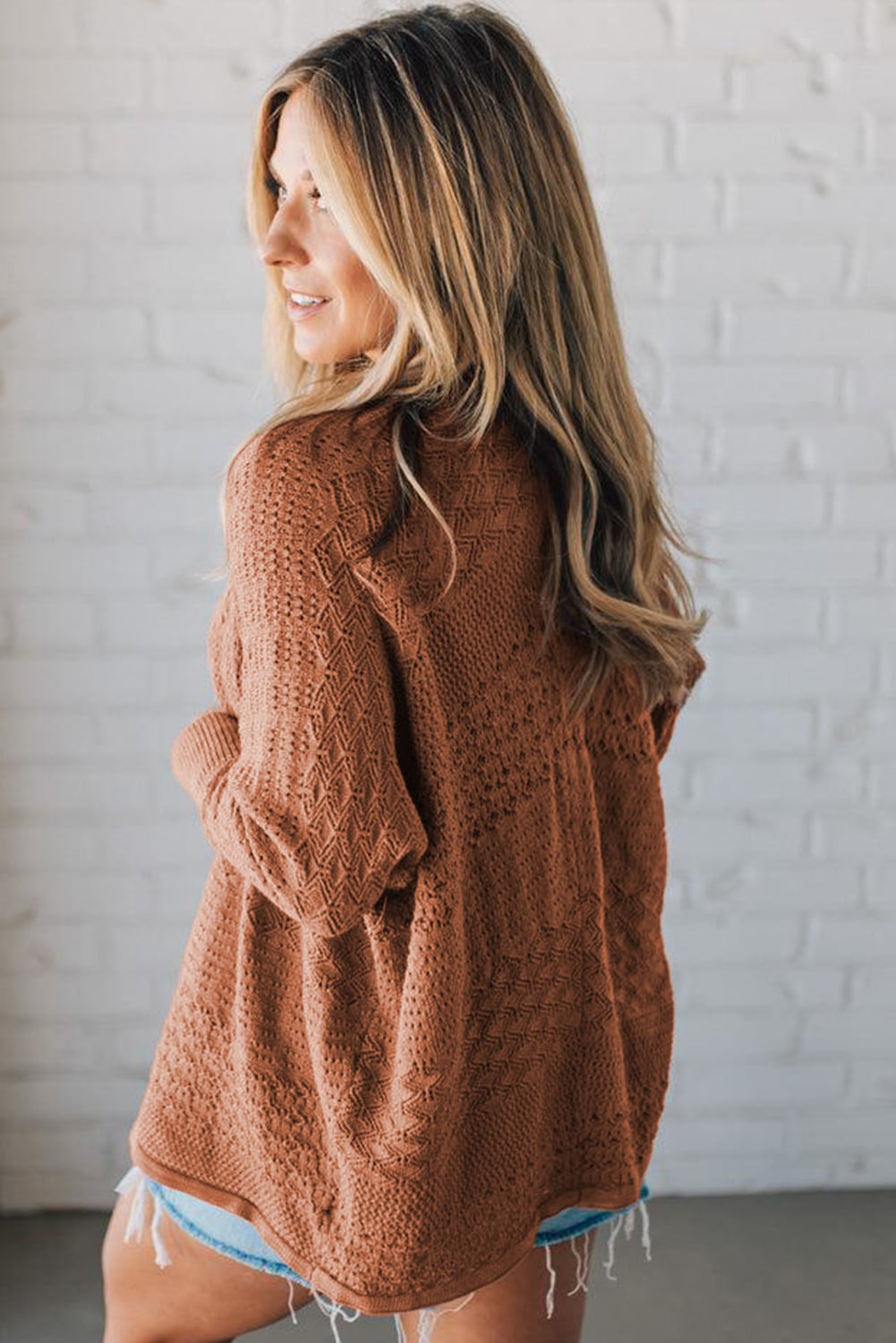 Redwood Burl Mix Pattern Hollowed Knit Open Front Cardigan