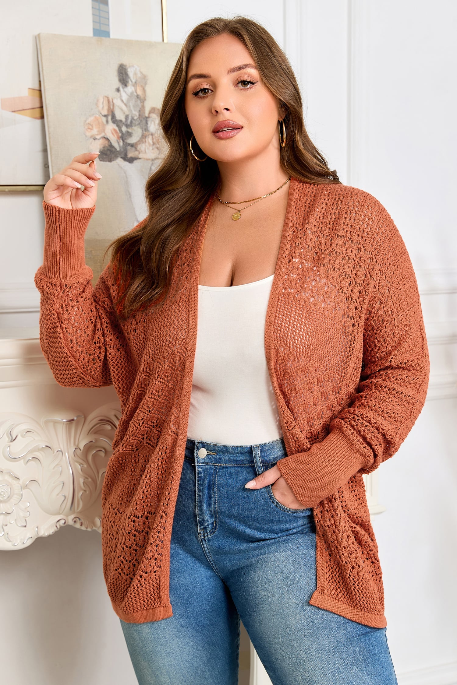 Redwood Burl Mixed Pattern Knitted Open Front Plus Cardigan