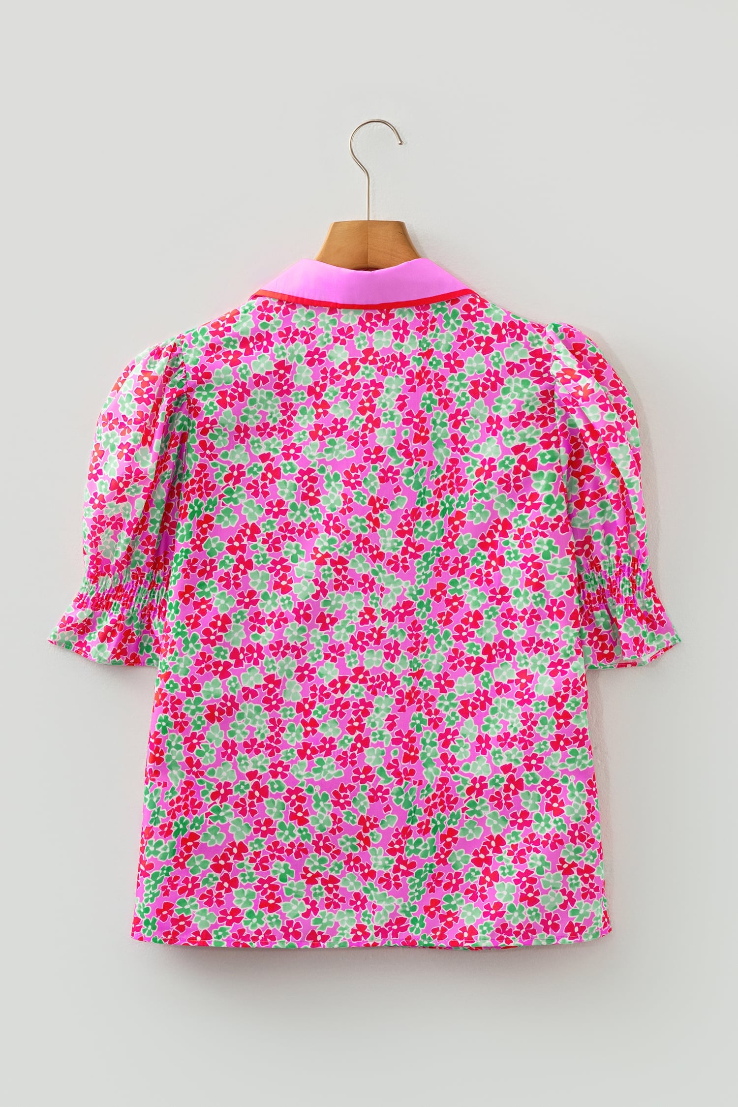 Rose Blooms Floral Collared V Neck Short Puff Sleeve Blouse Top