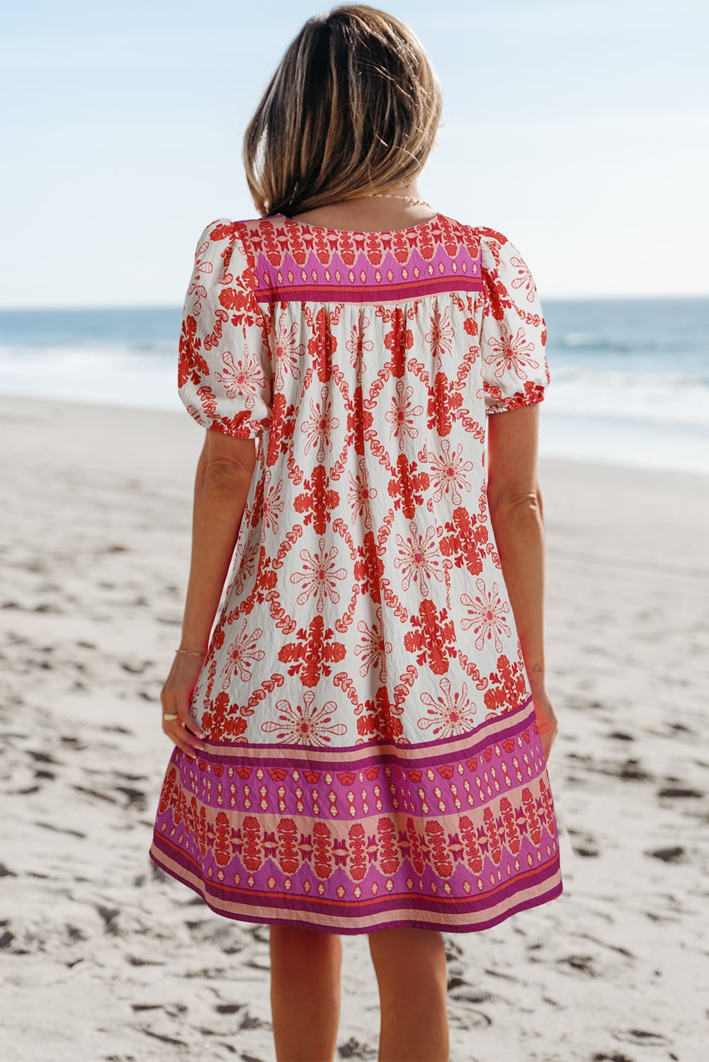 Rose Boho Floral Short Sleeve Lace-up V Neck Mini Dress