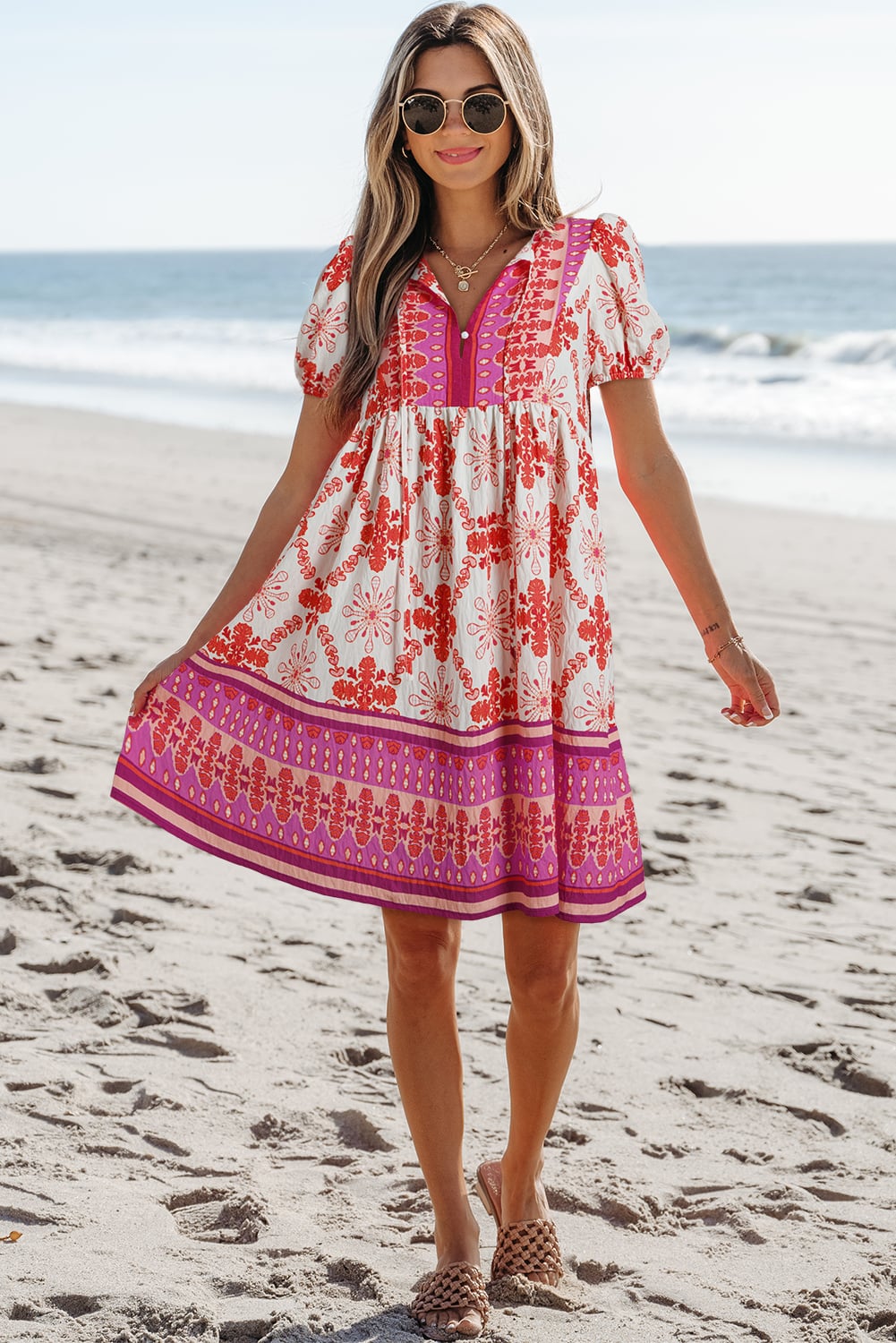 Rose Boho Floral Short Sleeve Lace-up V Neck Mini Dress