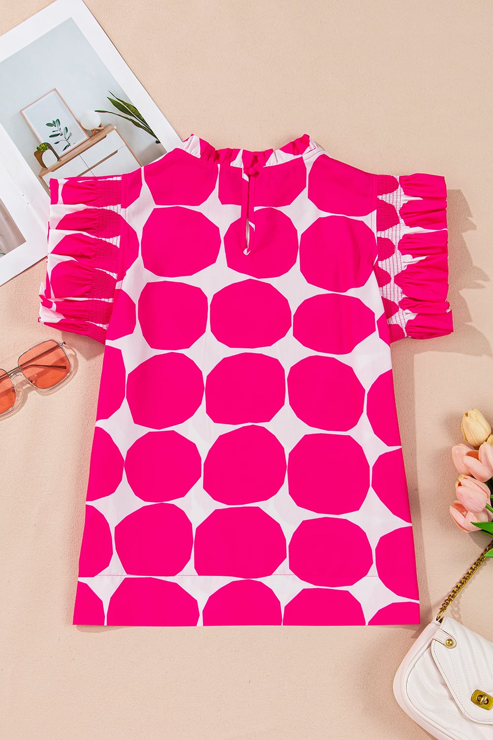 Rose Bubblegum Pattern Frilled Collar Flutter Sleeve Top
