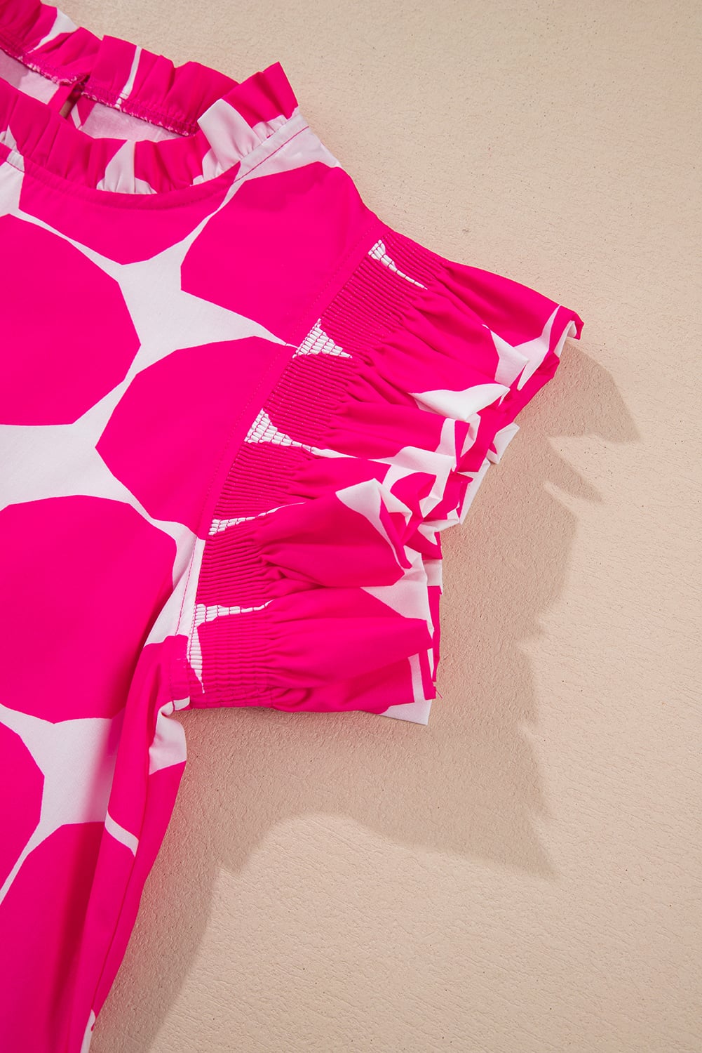 Rose Bubblegum Pattern Frilled Collar Flutter Sleeve Top