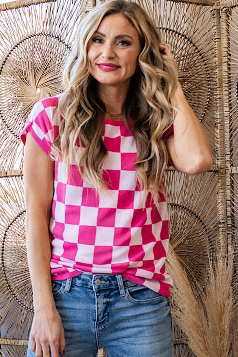 Rose Check Pattern Cap Sleeve Knitted Sweater