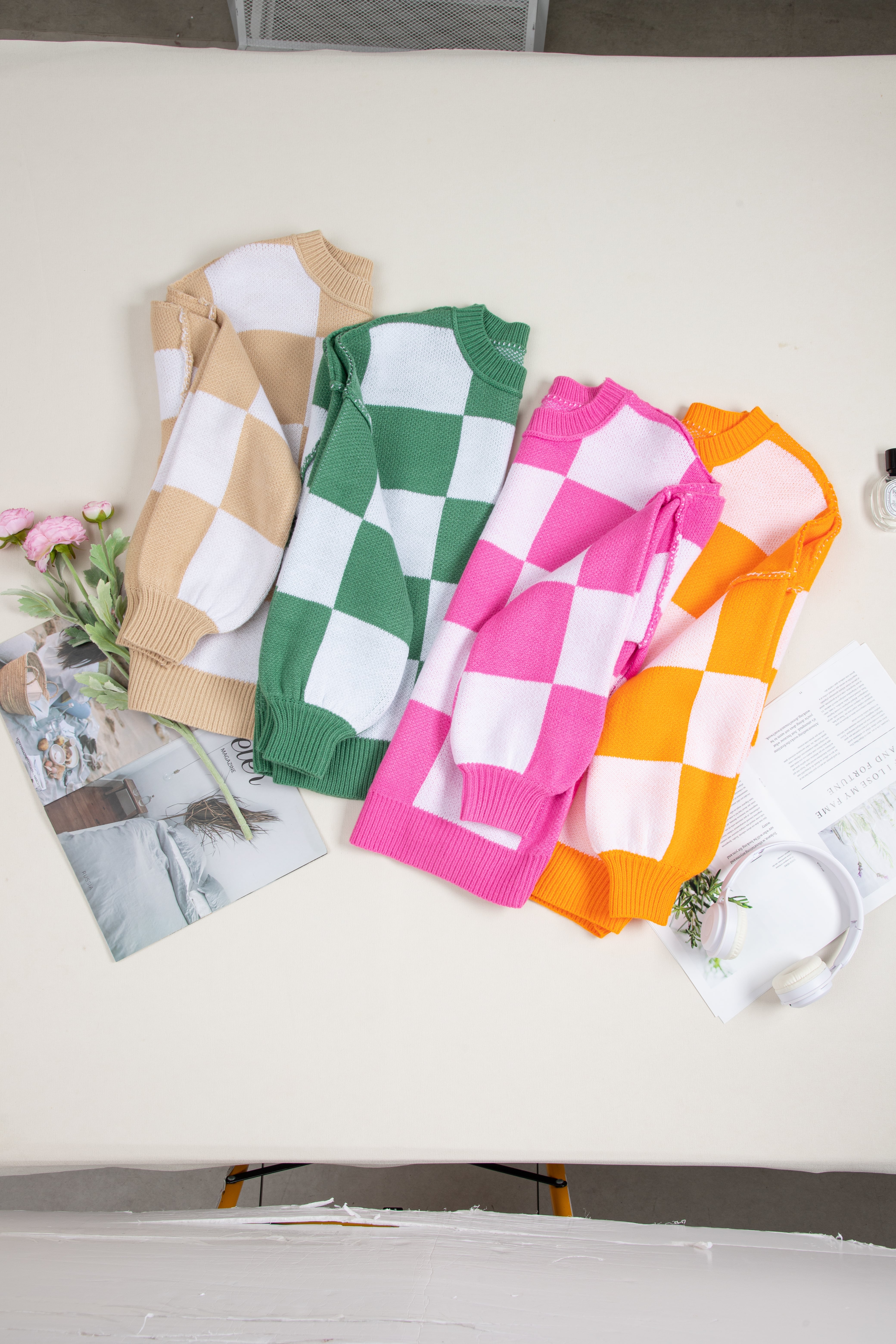 Rose Checkered Bishop Sleeve Sweater