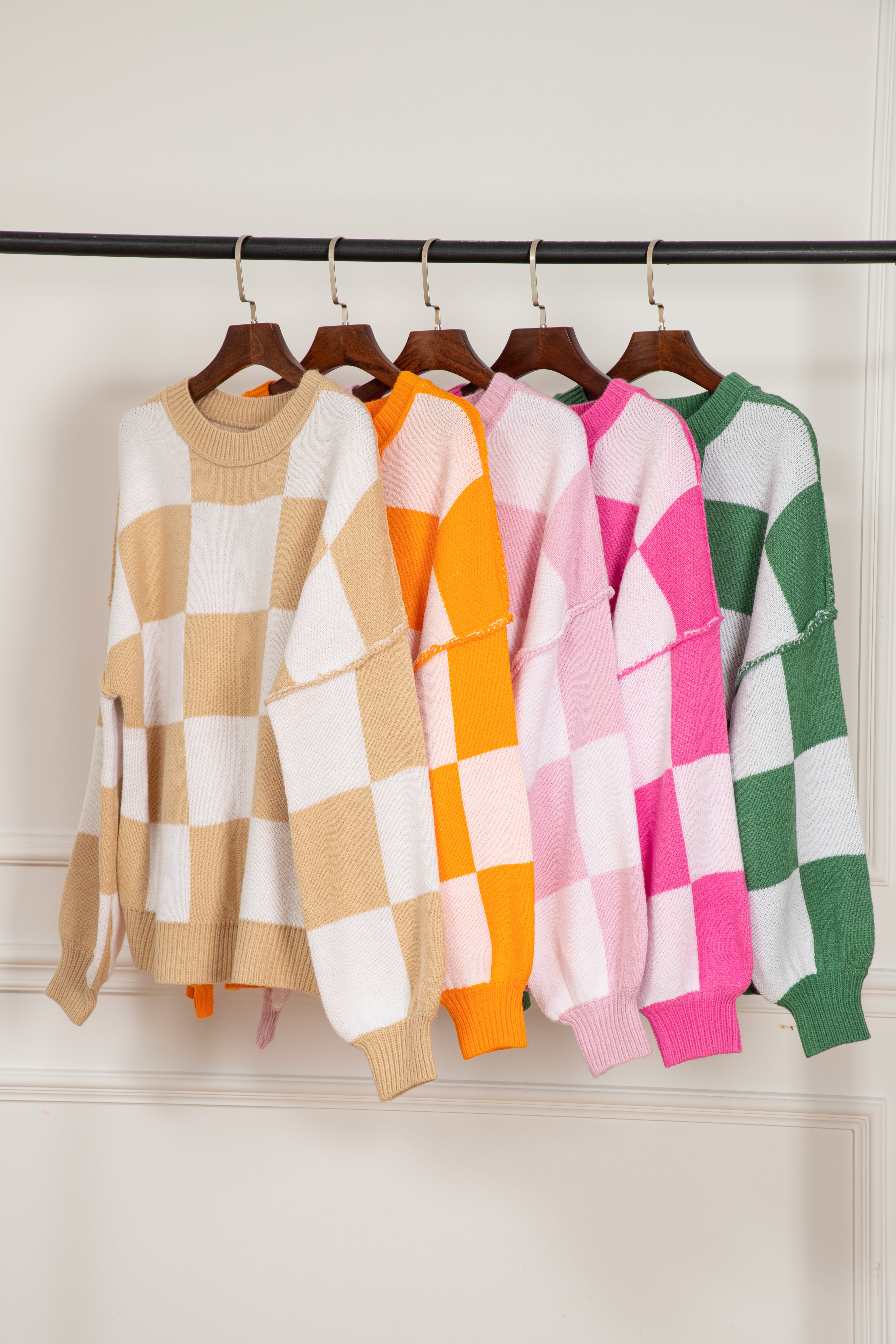 Rose Checkered Bishop Sleeve Sweater