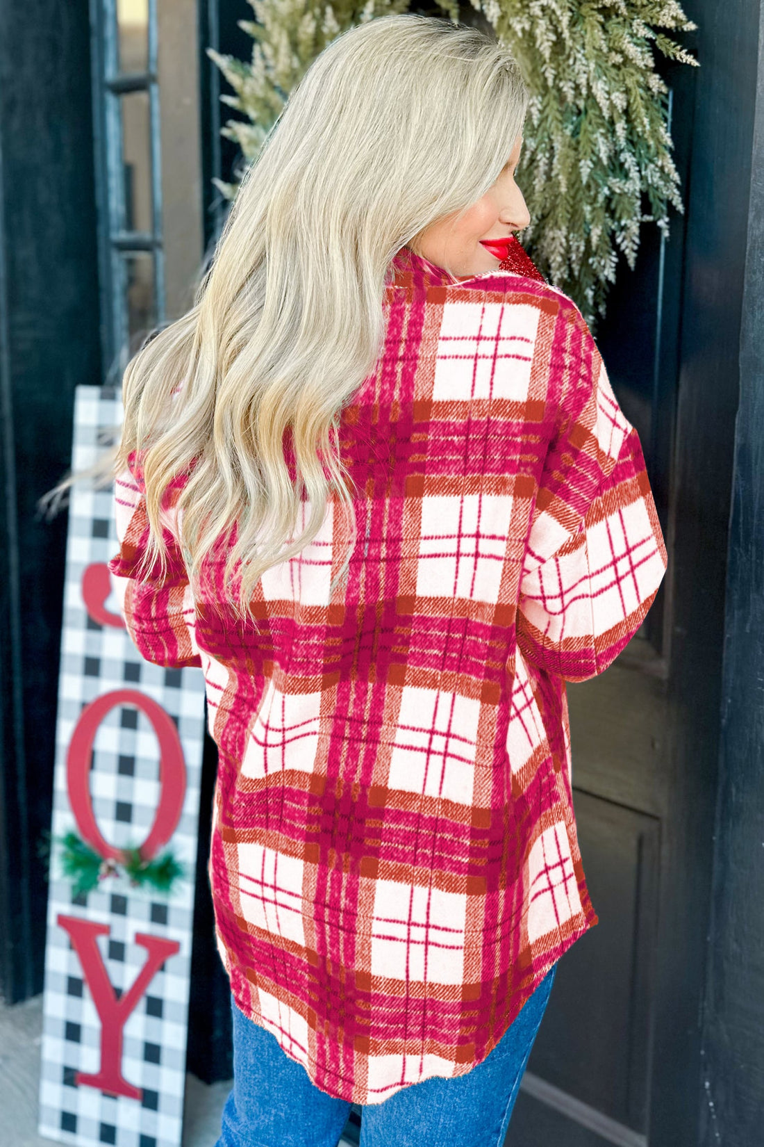 Rose Christmas Plaid Casual Flannel Shacket