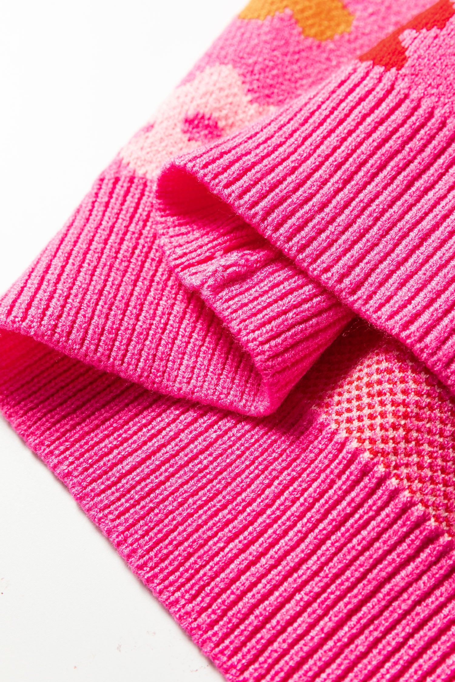 Rose Cute Flower Allover Ribbed Trimmed Drop Shoulder Pullover Sweater