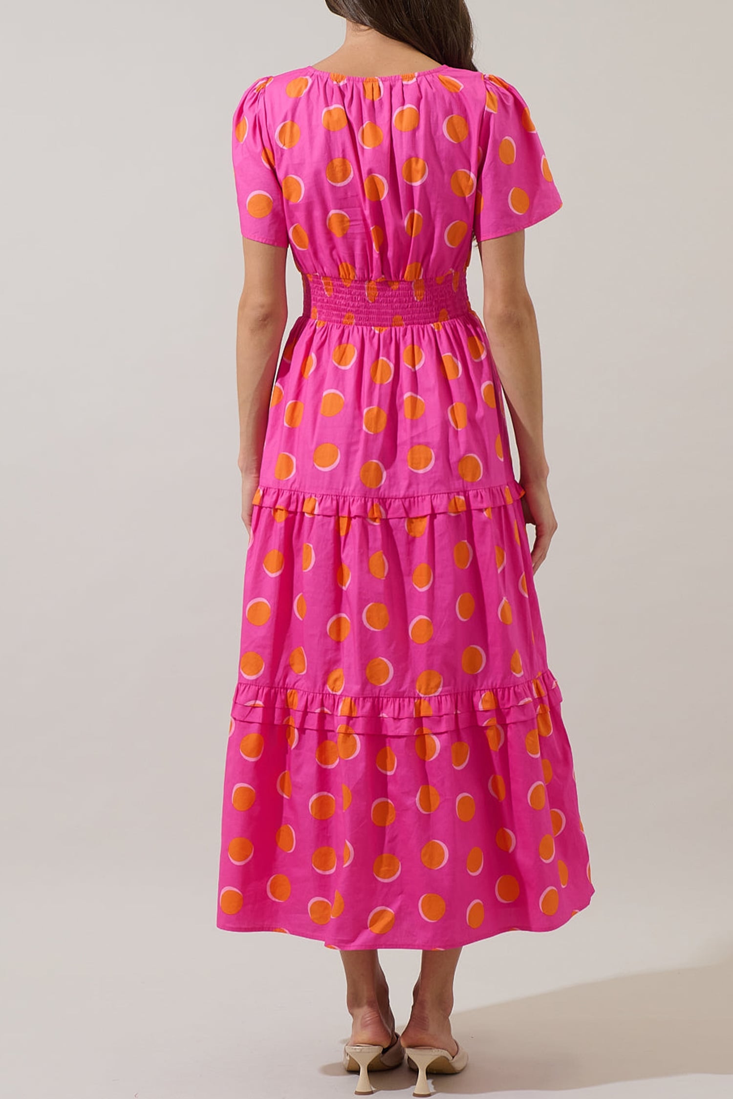Rose Double Polka Dot Short Sleeve Shirred High Waist Midi Dress