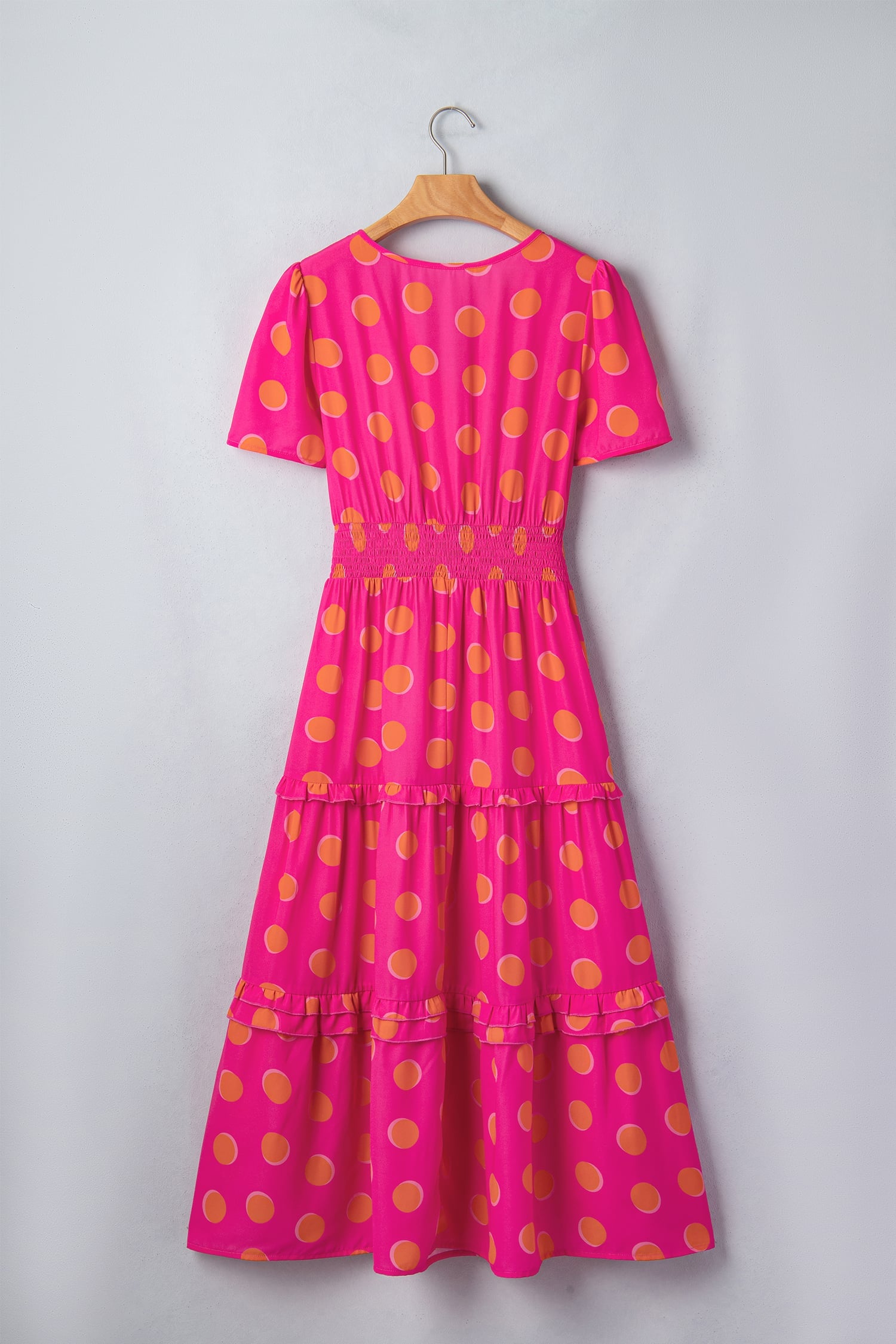 Rose Double Polka Dot Short Sleeve Shirred High Waist Midi Dress