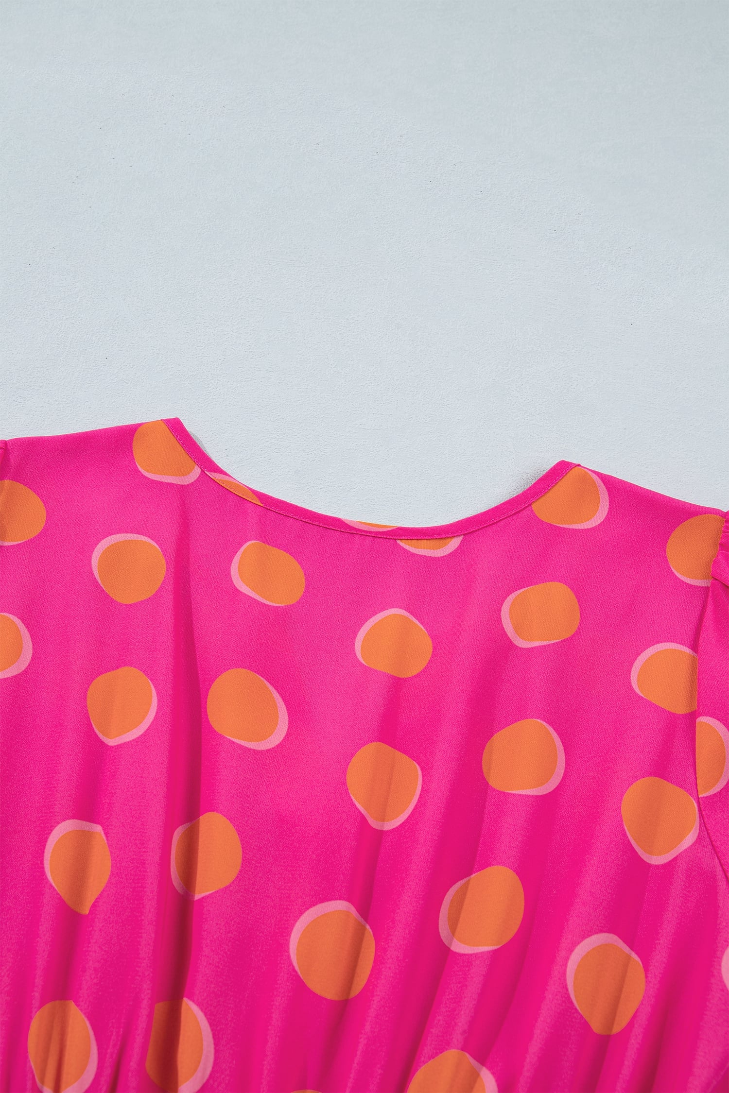 Rose Double Polka Dot Short Sleeve Shirred High Waist Midi Dress