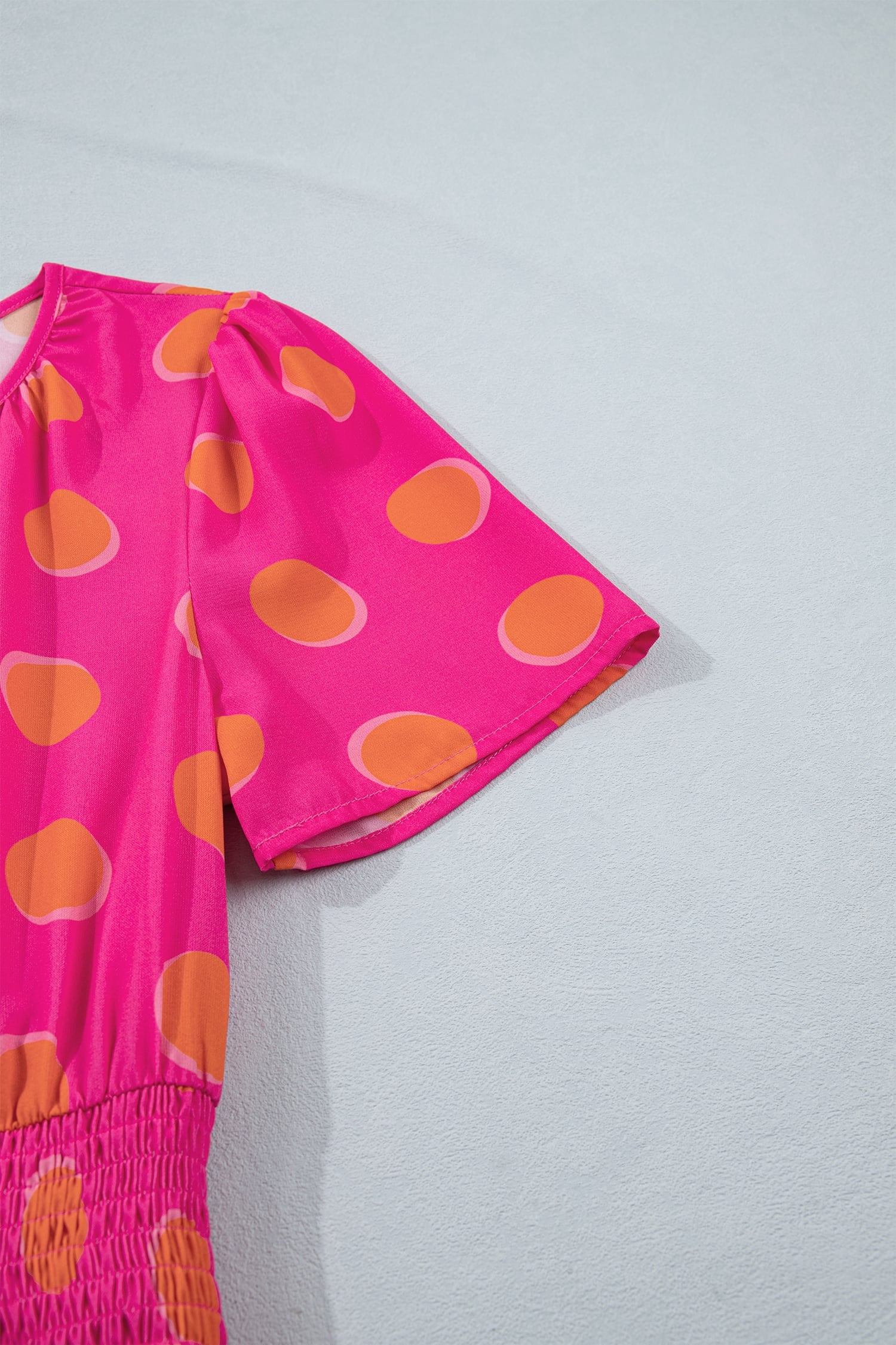 Rose Double Polka Dot Short Sleeve Shirred High Waist Midi Dress