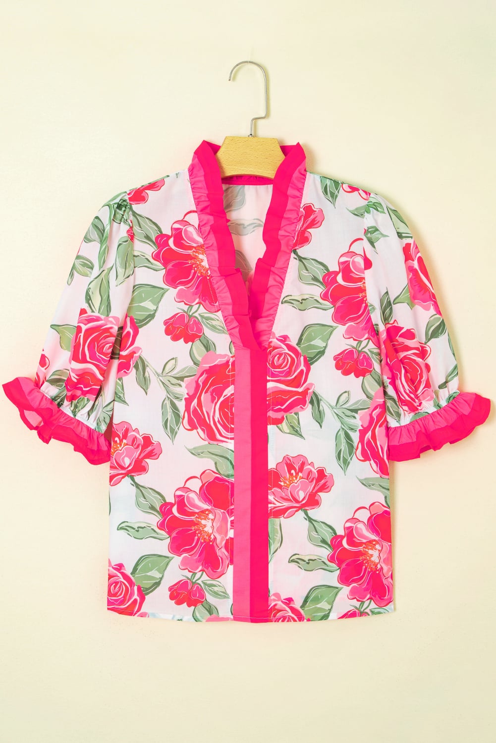 Rose Floral Frilled V Neck Short Sleeve Blouse Top