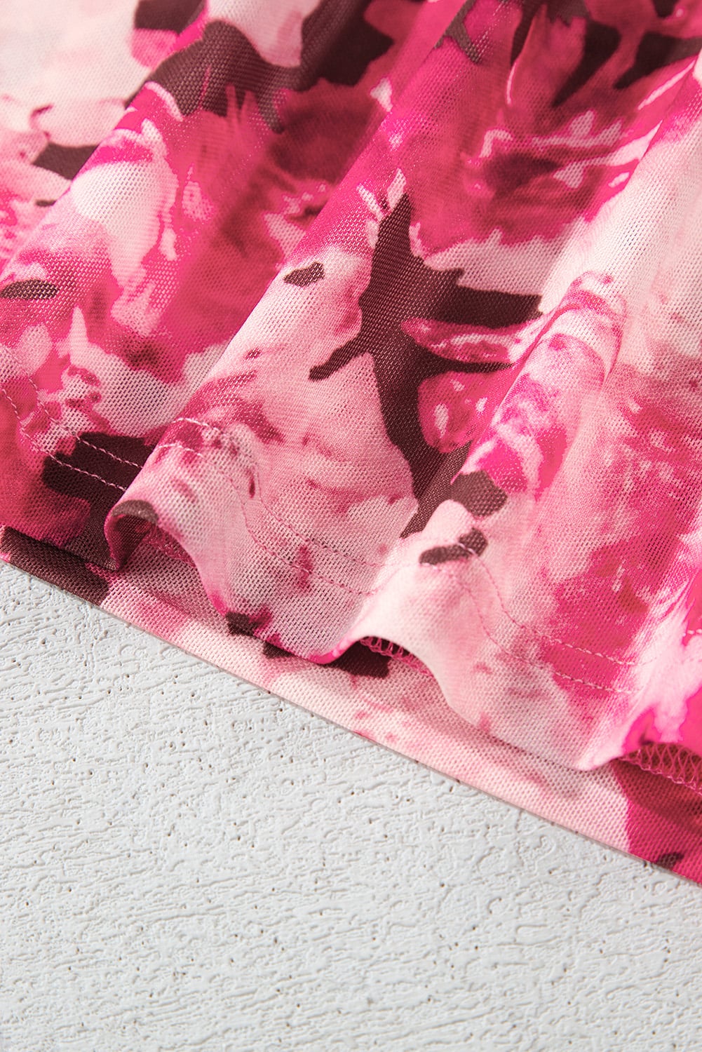 Rose Floral Mesh Flounce Sleeve Mock Neck Blouse