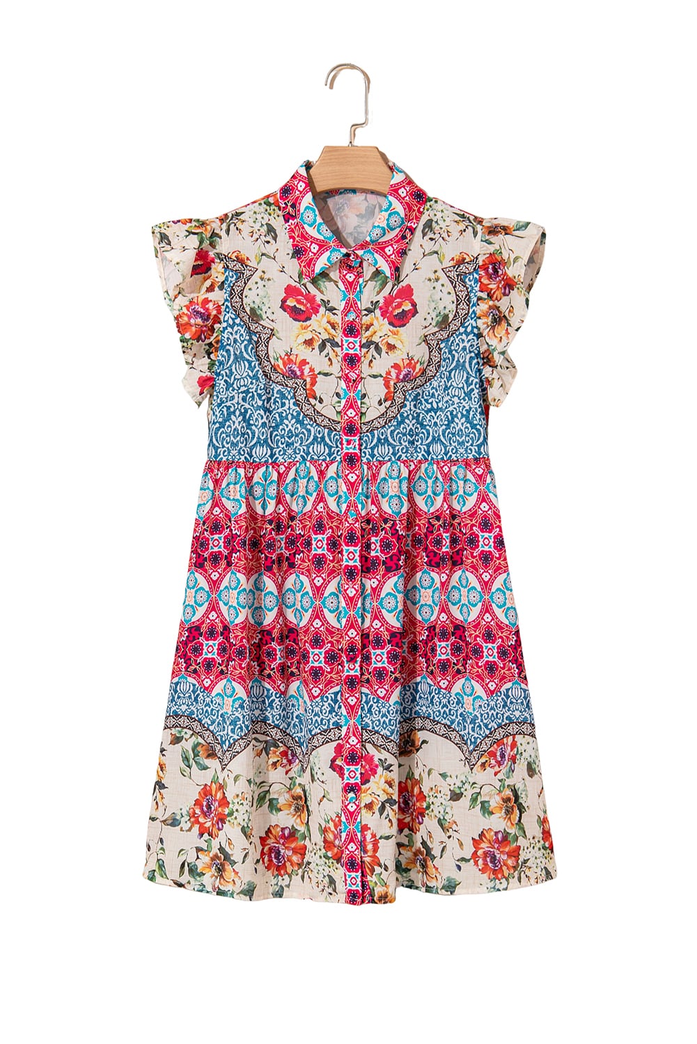 Rose Floral Mixed Pattern Ruffle Flutter Sleeve Buttoned Dress