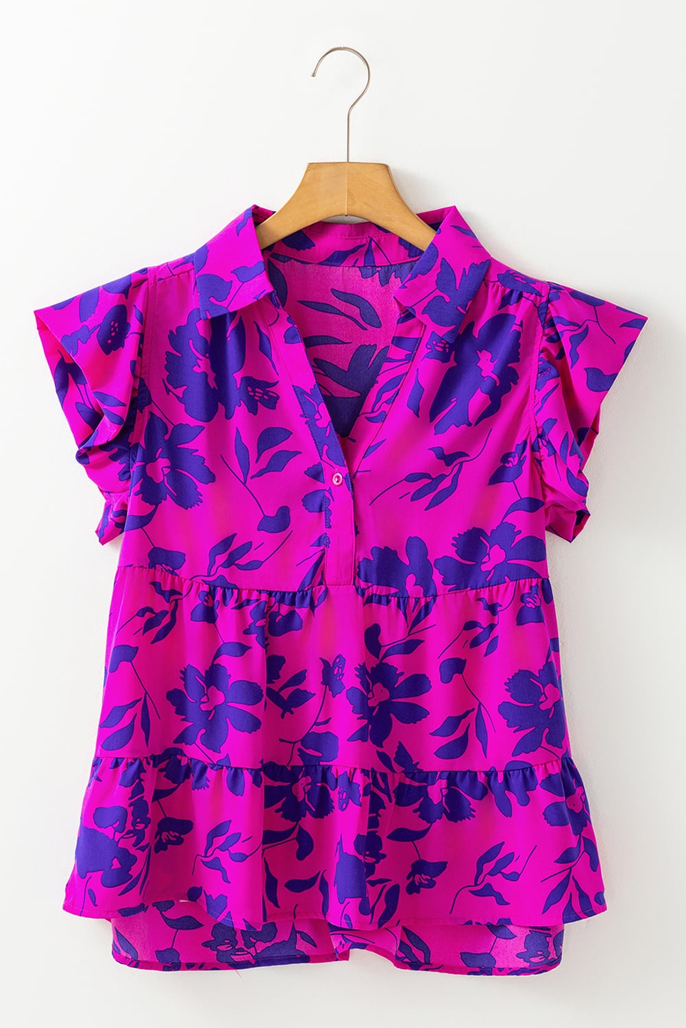 Rose Floral Print Collared Button Neckline Flutter Sleeve Blouse