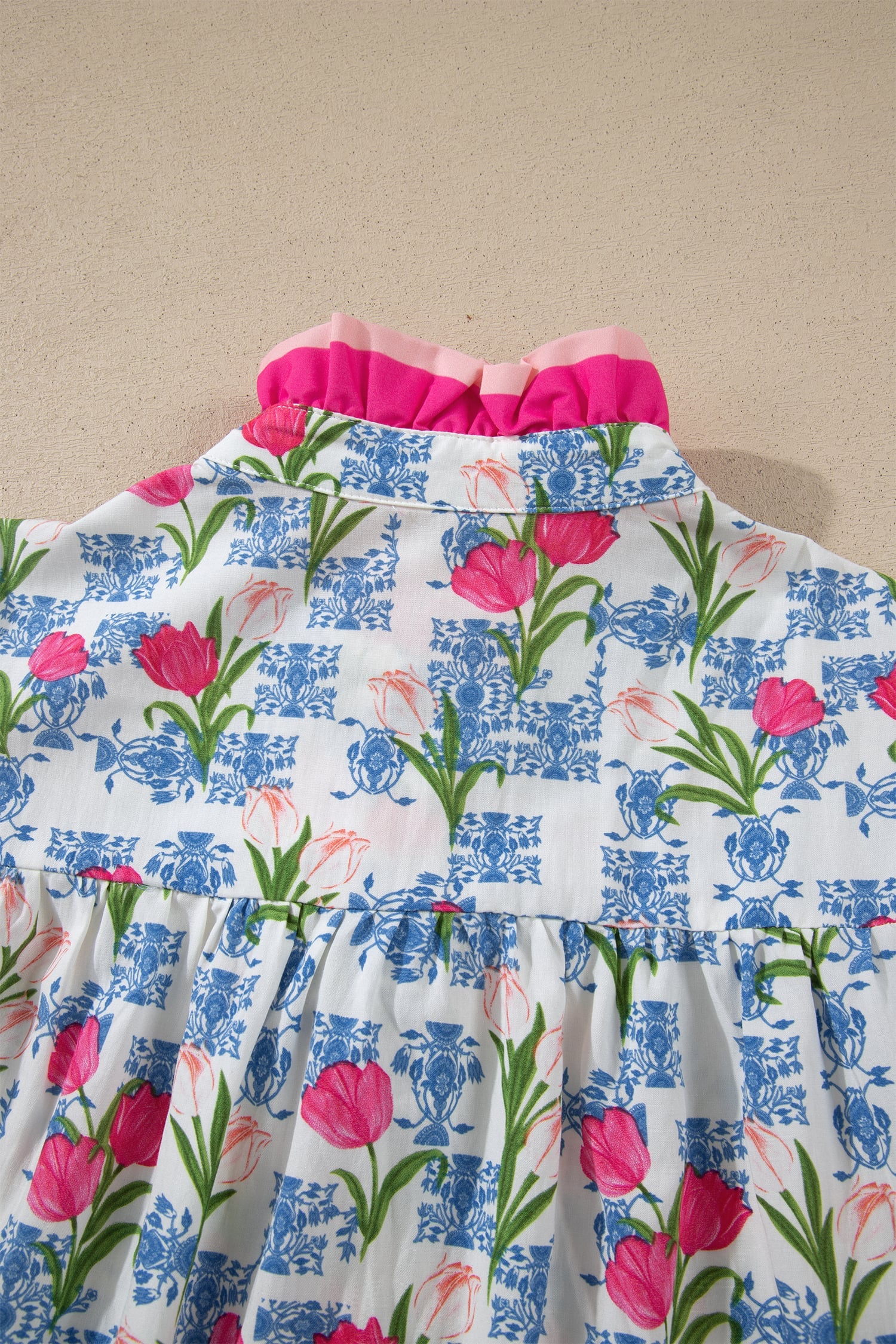 Rose Floral Print Color Block Striped Trim Flutter Sleeve Half Button Blouse