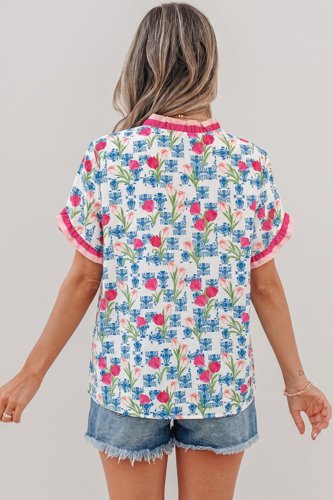 Rose Floral Print Ruffle V-Neck Short Sleeve Loose Tunic Shirt