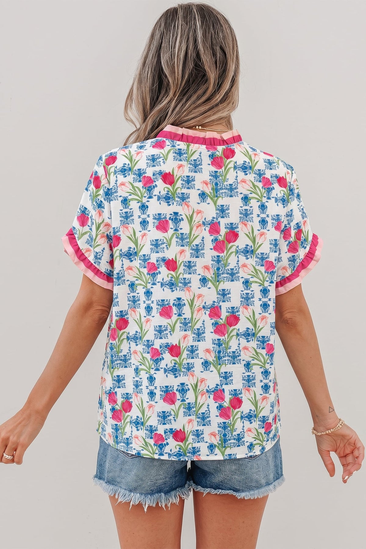 Rose Floral Print Ruffle V-Neck Short Sleeve Loose Tunic Shirt