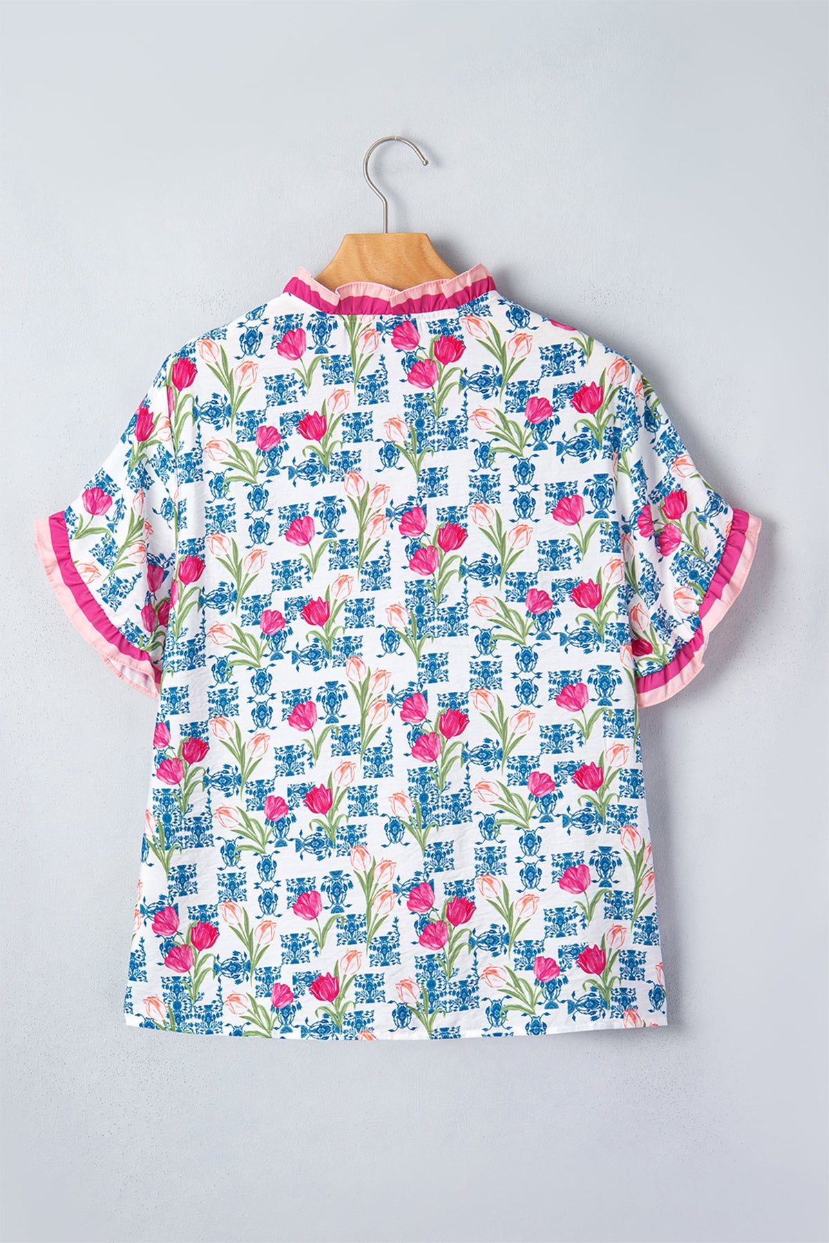 Rose Floral Print Ruffle V-Neck Short Sleeve Loose Tunic Shirt