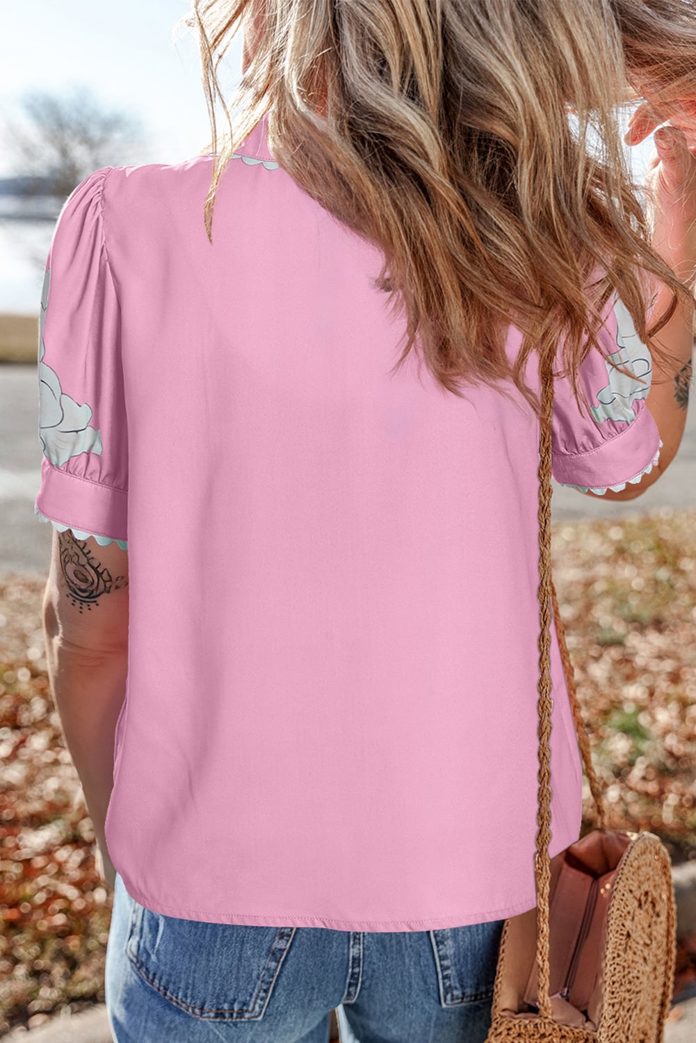 Rose Floral Ric Rac Edge Puff Sleeve Button Up Summer Shirt