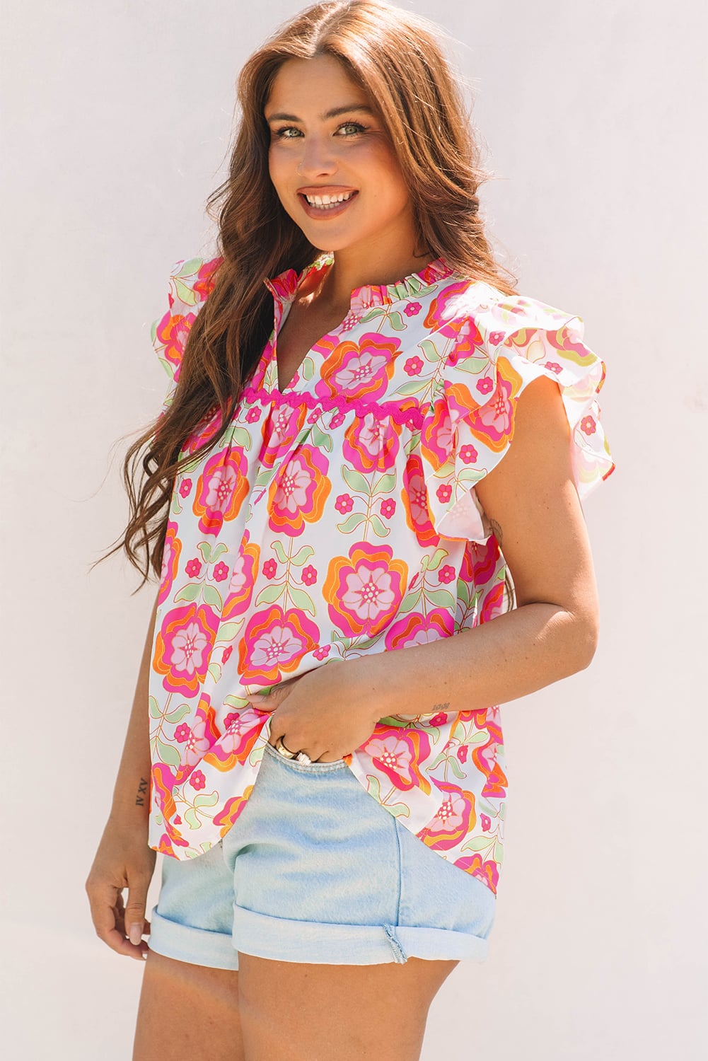 Rose Floral Ruffled Sleeve Ric-rac Trim Split Neck Loose Blouse
