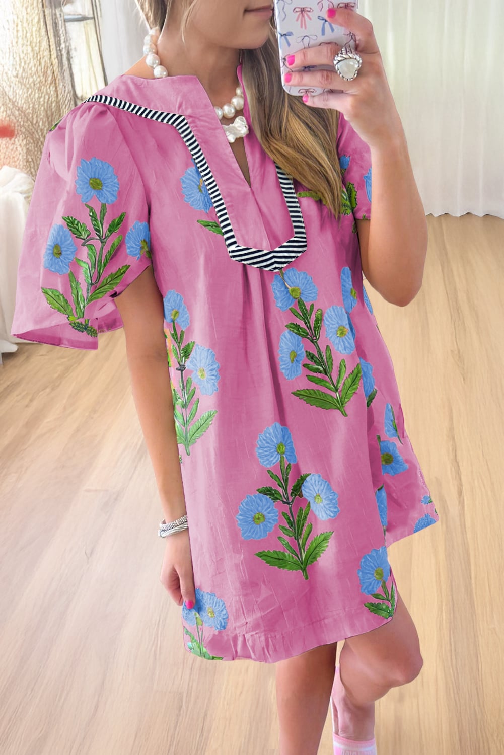 Rose Floral Short Sleeve Split Neck Loose Mini Dress