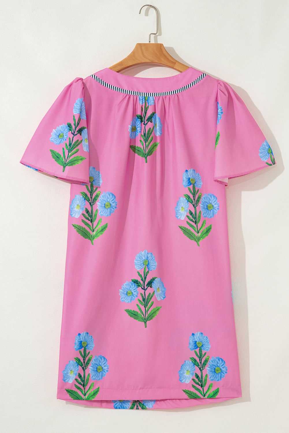 Rose Floral Short Sleeve Split Neck Loose Mini Dress