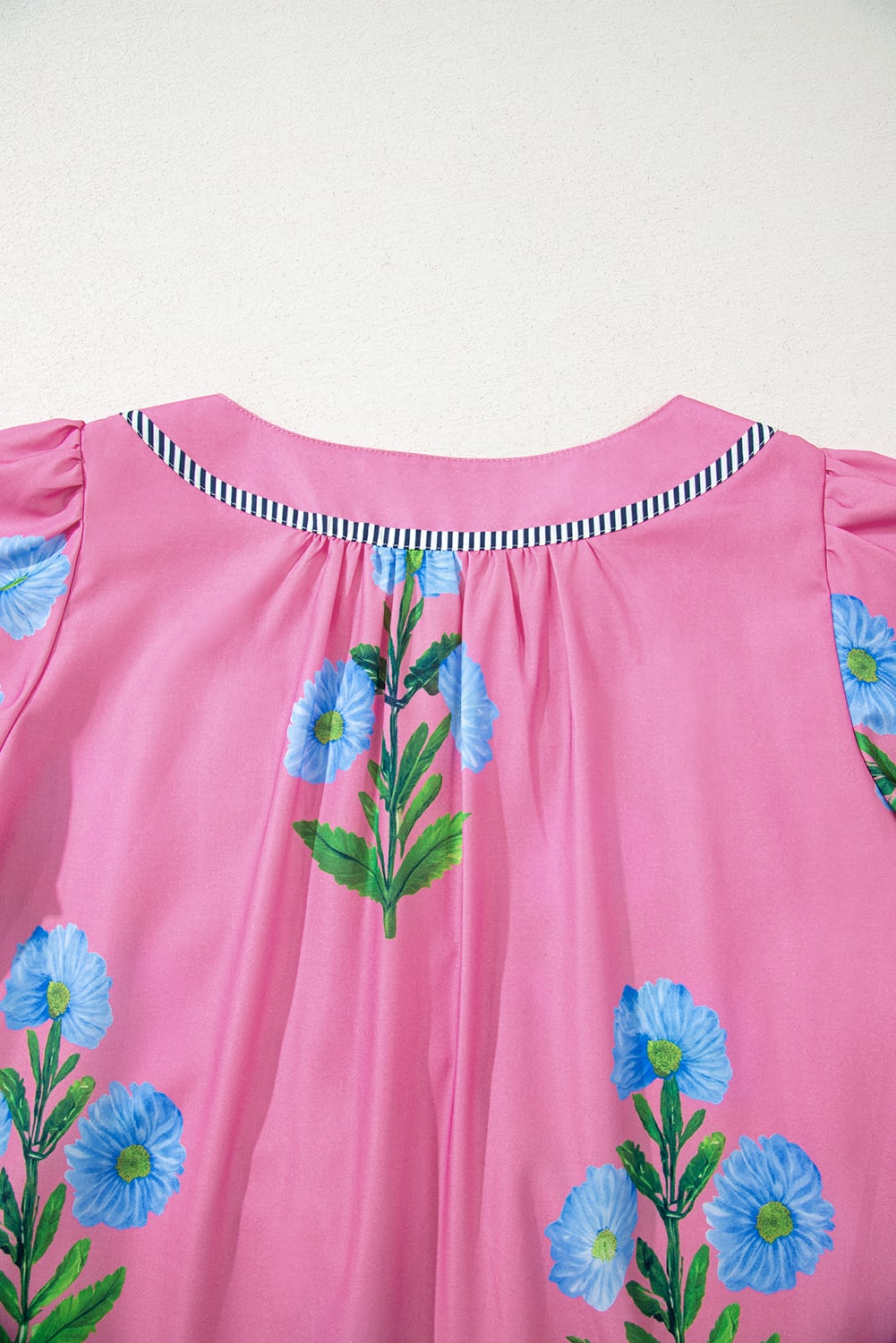 Rose Floral Short Sleeve Split Neck Loose Mini Dress