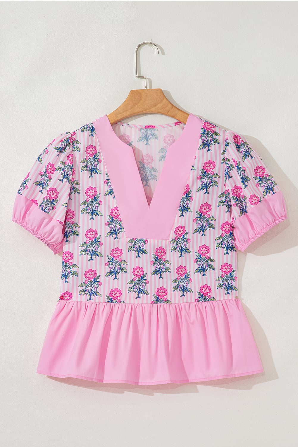 Rose Floral Striped Print Contrast Patchwork Ruffle Hem Blouse
