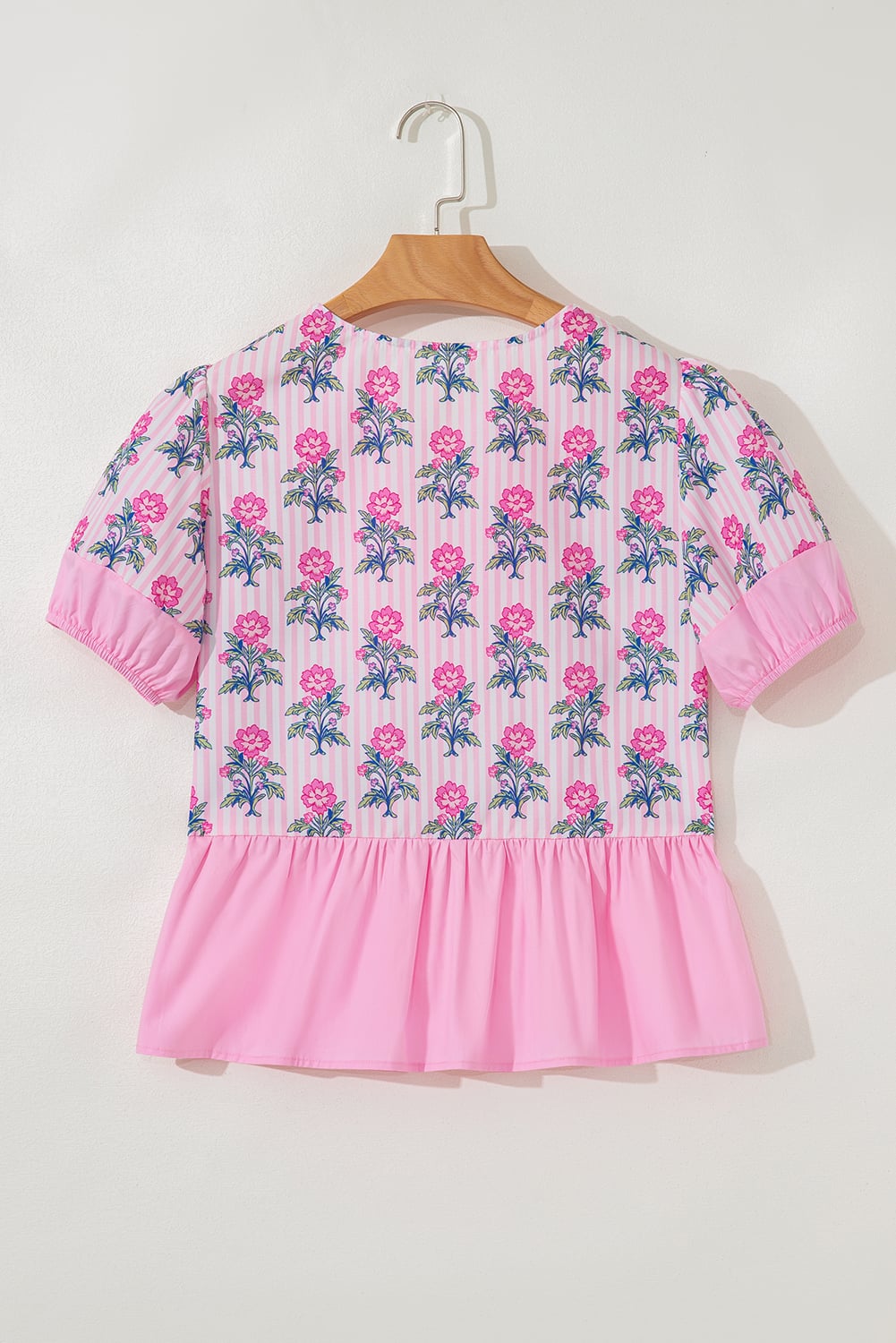 Rose Floral Striped Print Contrast Patchwork Ruffle Hem Blouse