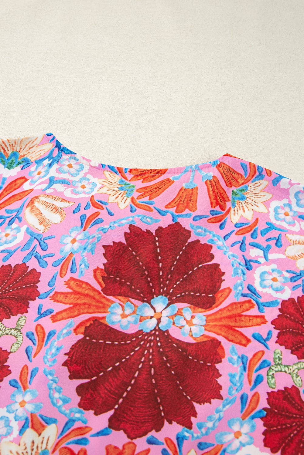Rose Floral Tied Front High Waist Short Sleeve Loose Long Dress