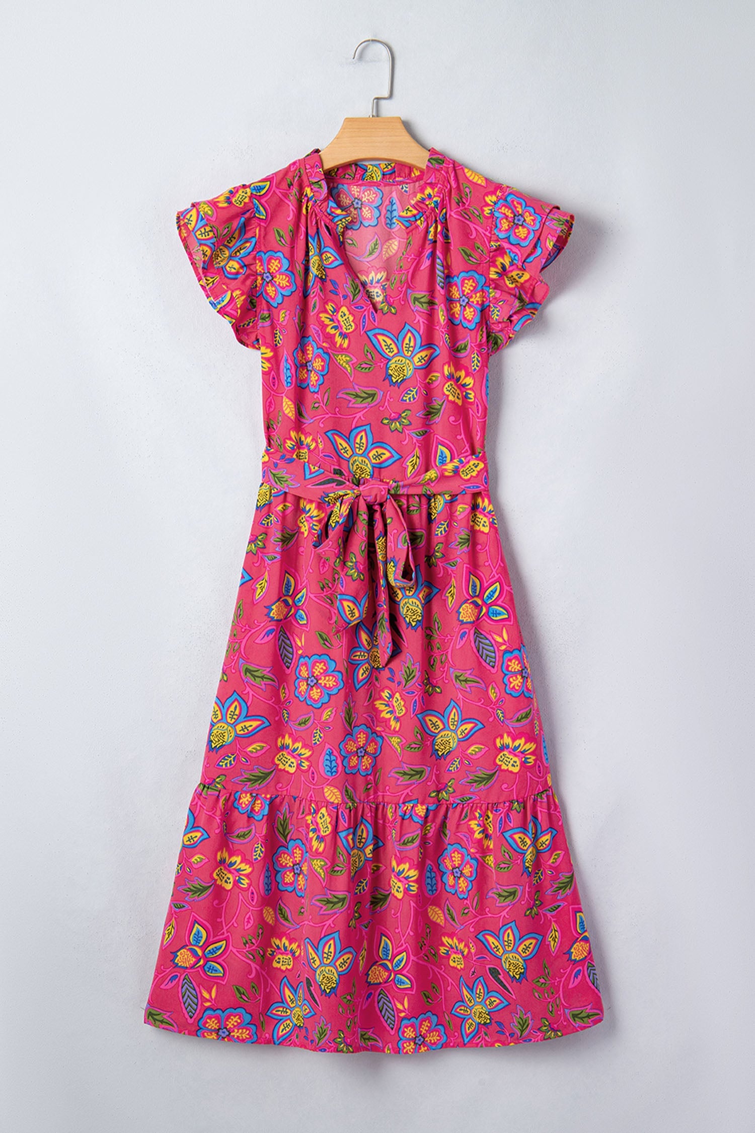 Rose Flutter Sleeve Belted Floral Long Dress