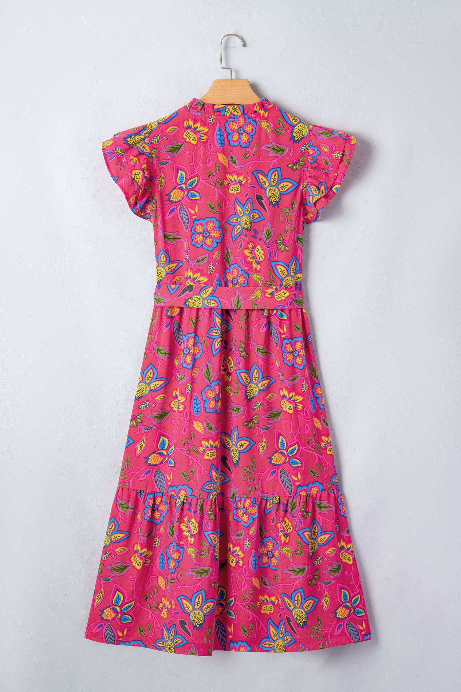 Rose Flutter Sleeve Belted Floral Long Dress