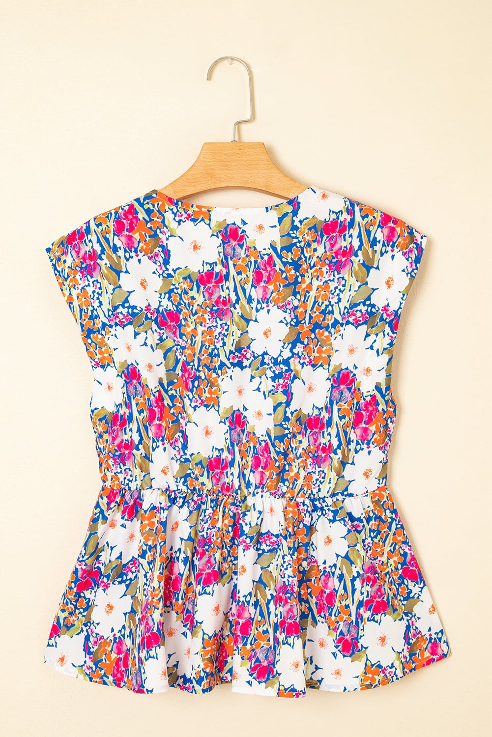 Rose Green Floral Print Bow Applique Slit Sleeveless Peplum Blouse