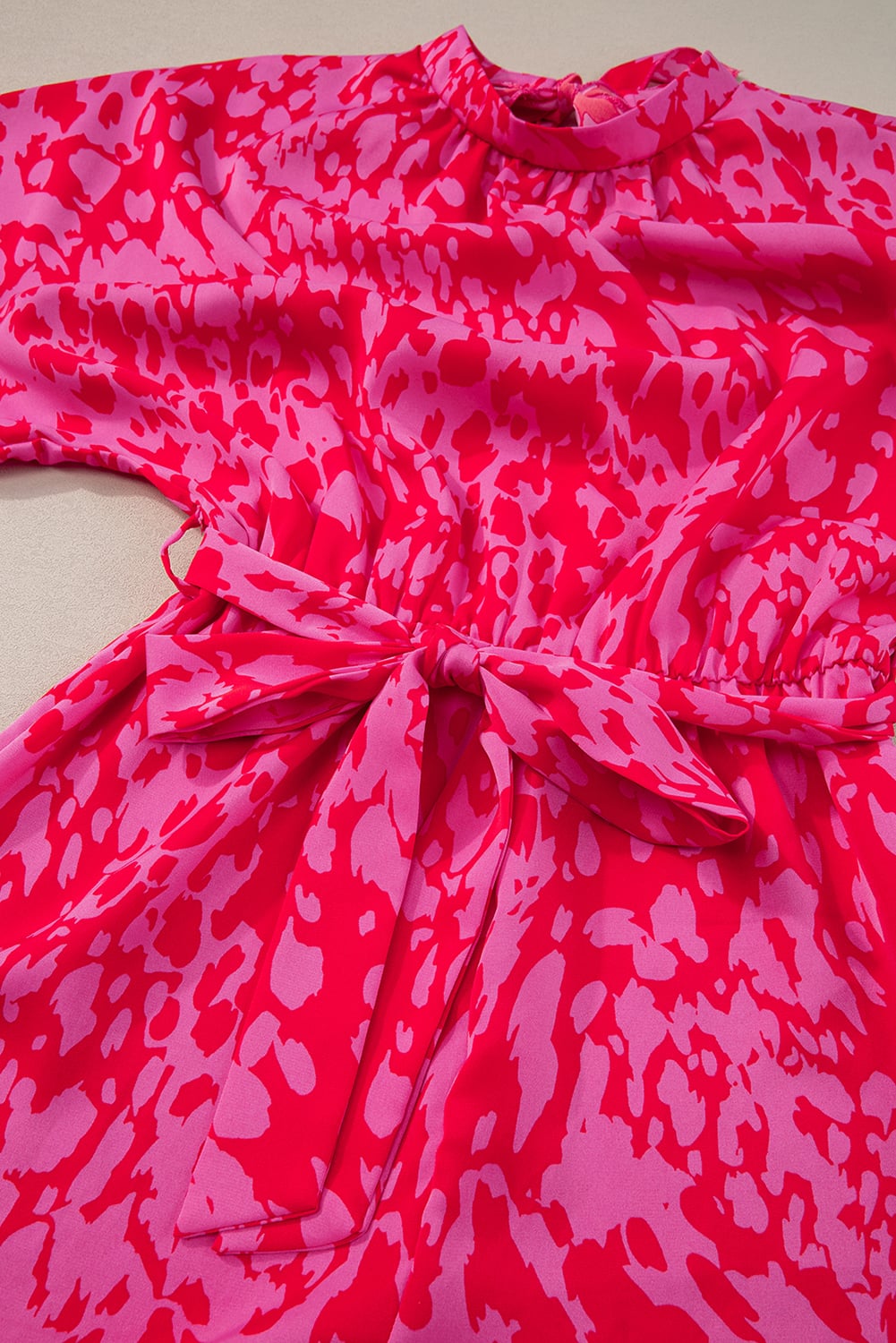 Rose Leopard Loose Sleeve Belted Wide Leg Jumpsuit