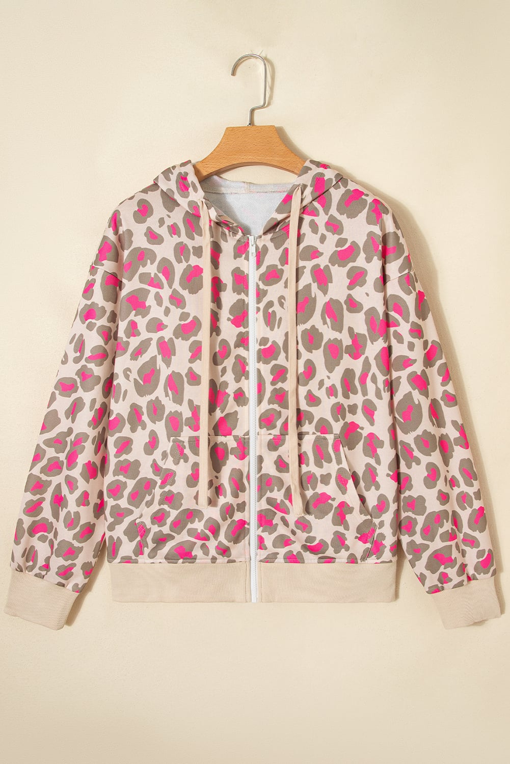 Rose Leopard Print Zip-up Hooded Sweatshirt