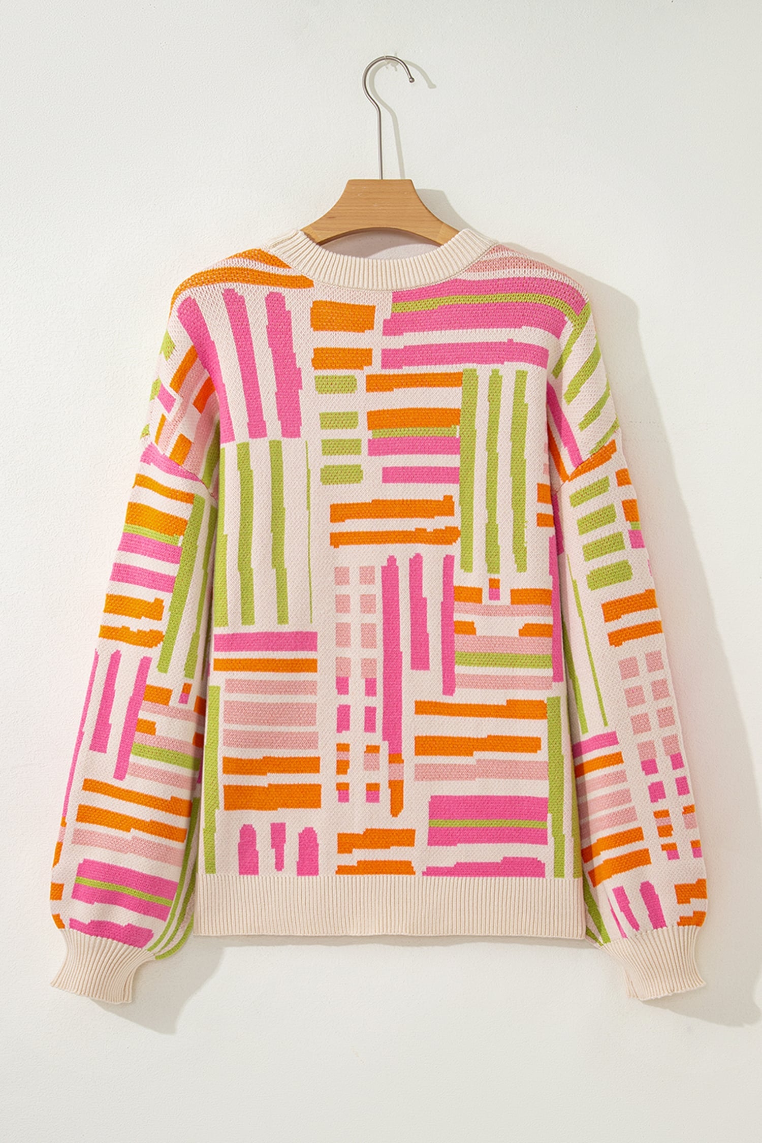Rose Love Lines Pattern Crew Neck Puff Sleeve Sweater