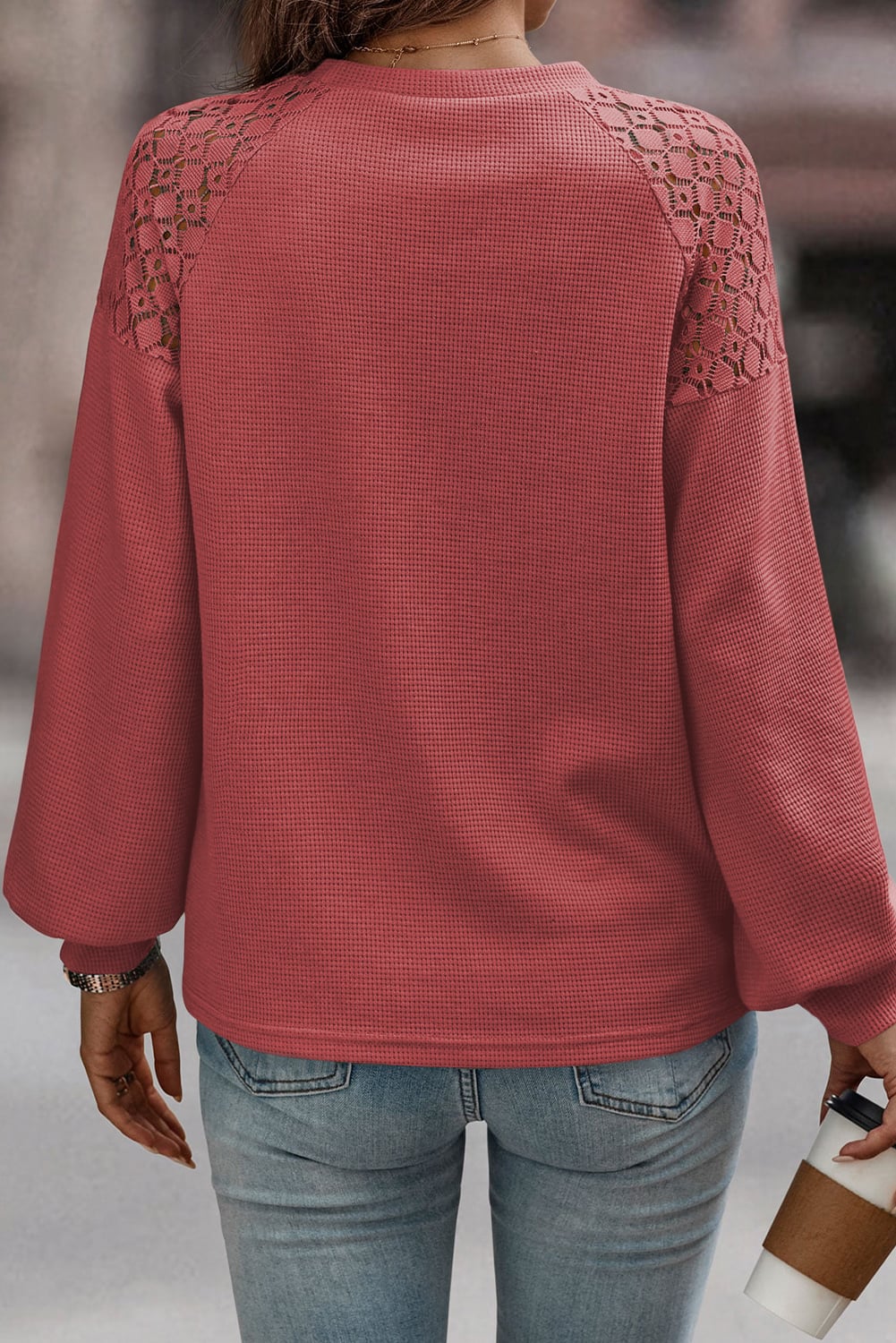 Rose Pink Lace Long Sleeve Textured Pullover