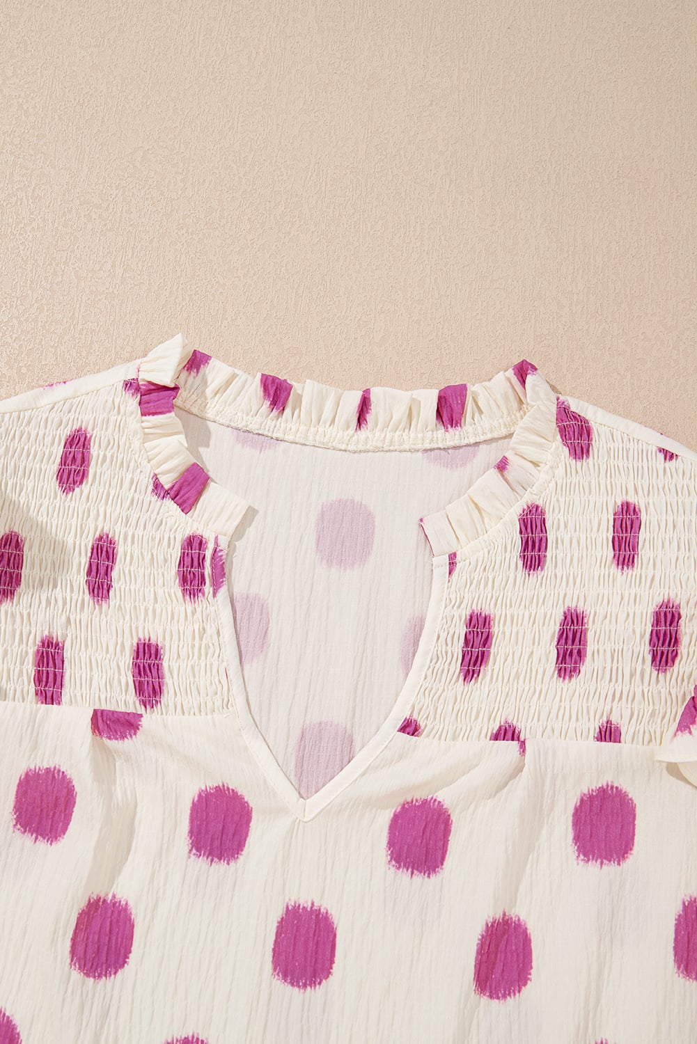 Rose Polka Dot Print Shirred Yoke Notched Neck Balloon Sleeve Blouse